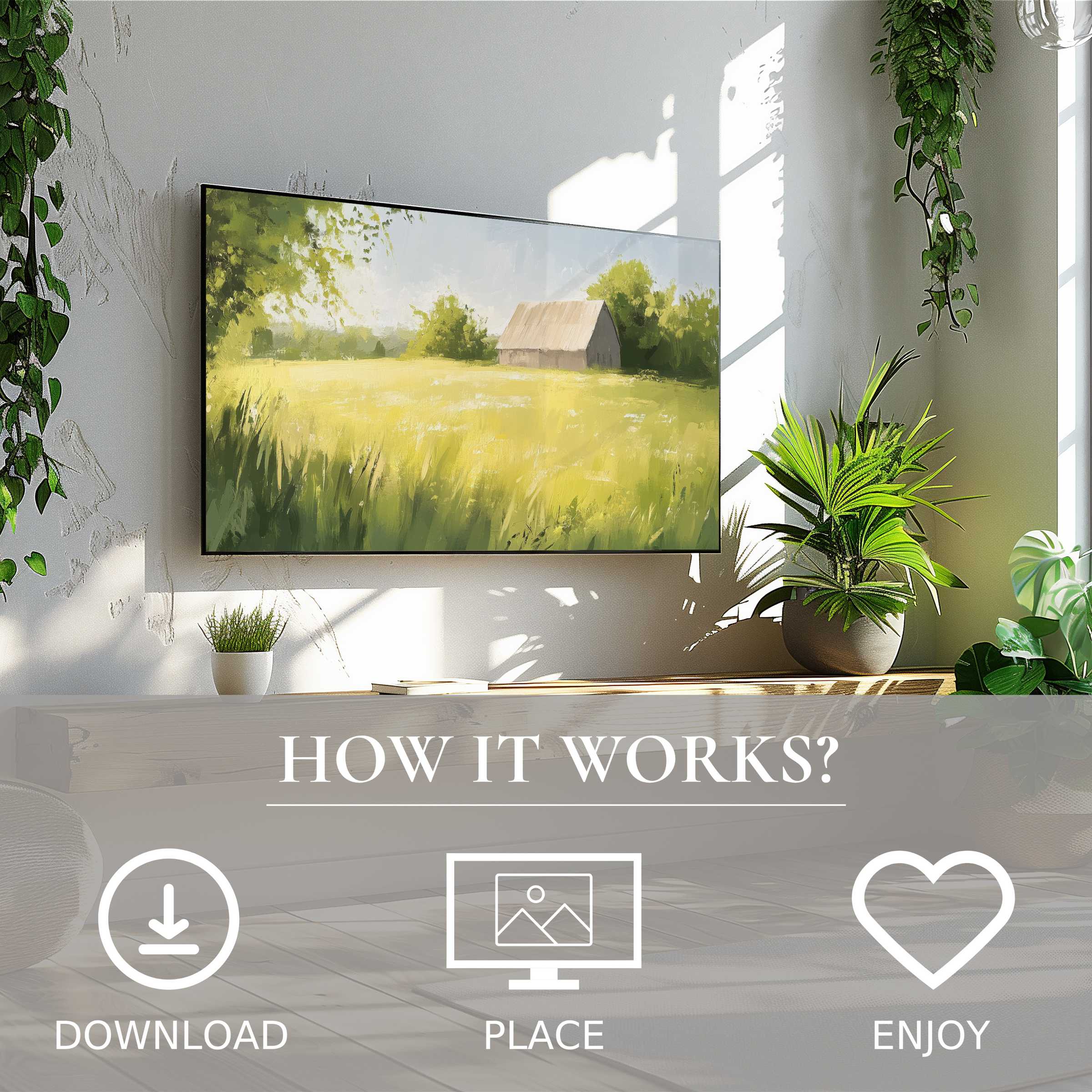Farmhouse art for Samsung TV shows a soft sunset-toned barn scene; easy digital download enriches modern living spaces