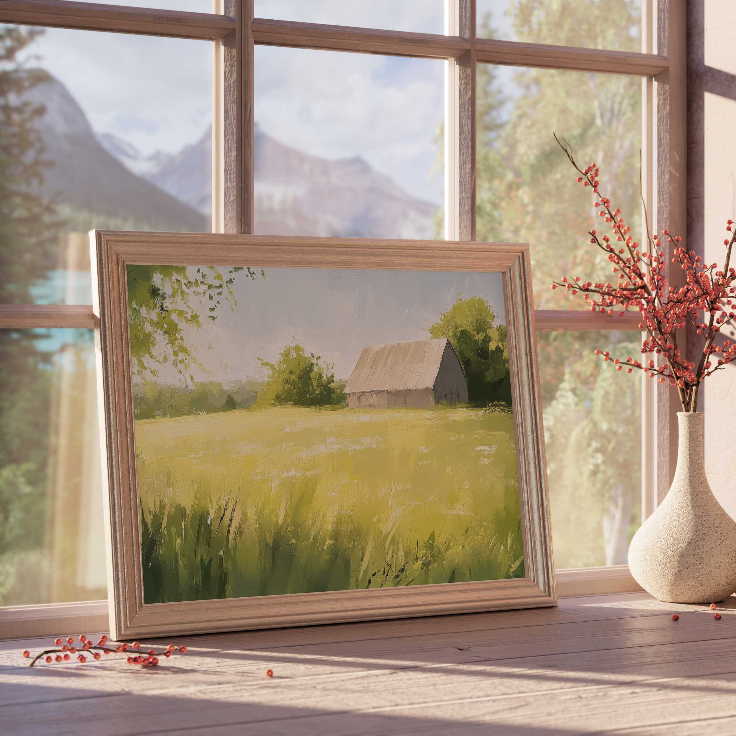 Serene farmhouse downloadable art capturing sunlit fields and rustic charm, perfect for curating tranquil, elegant interiors