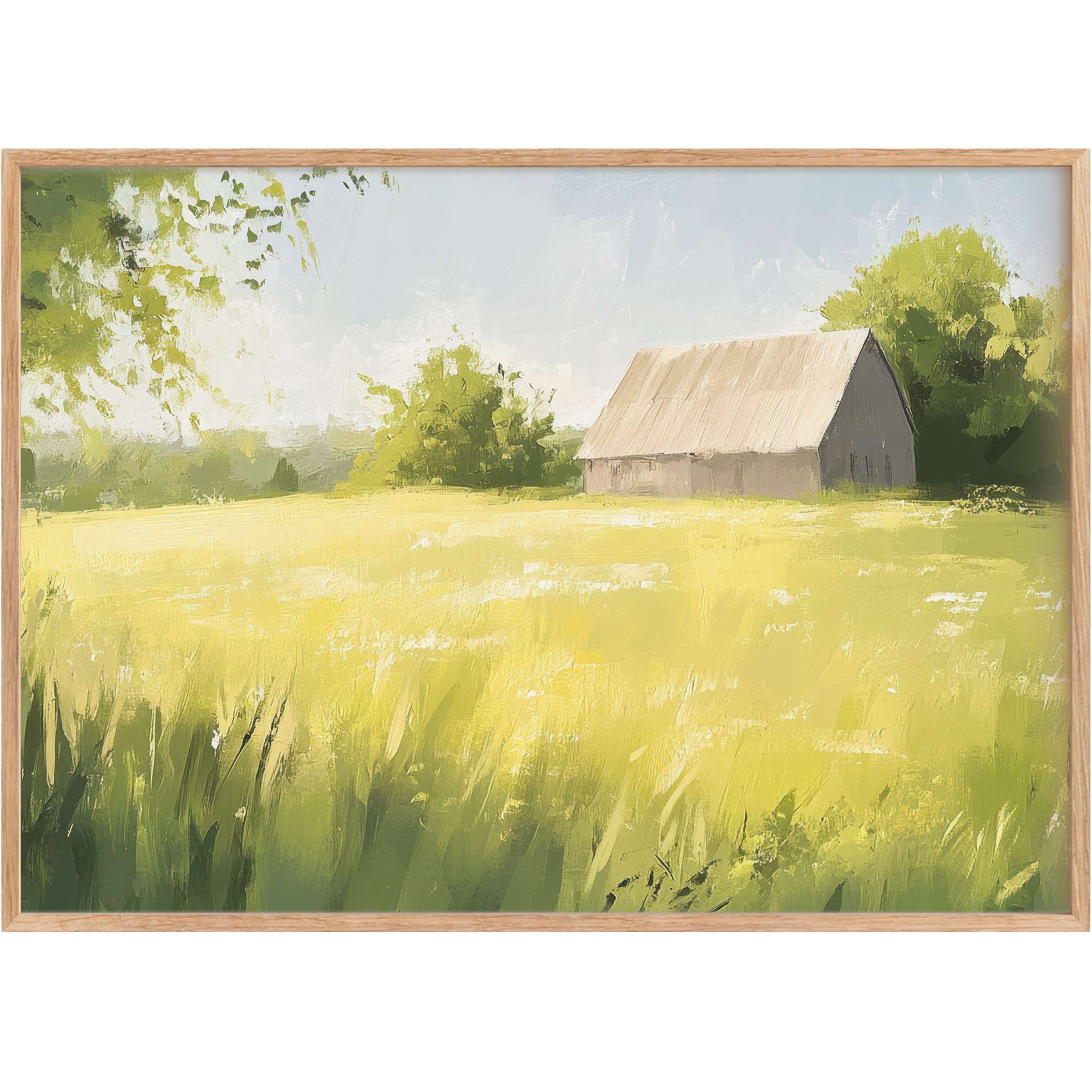 Sunlit farmhouse printable wall art in soft yellows and greens evokes serene warmth, perfectly enhancing elegant rustic interiors