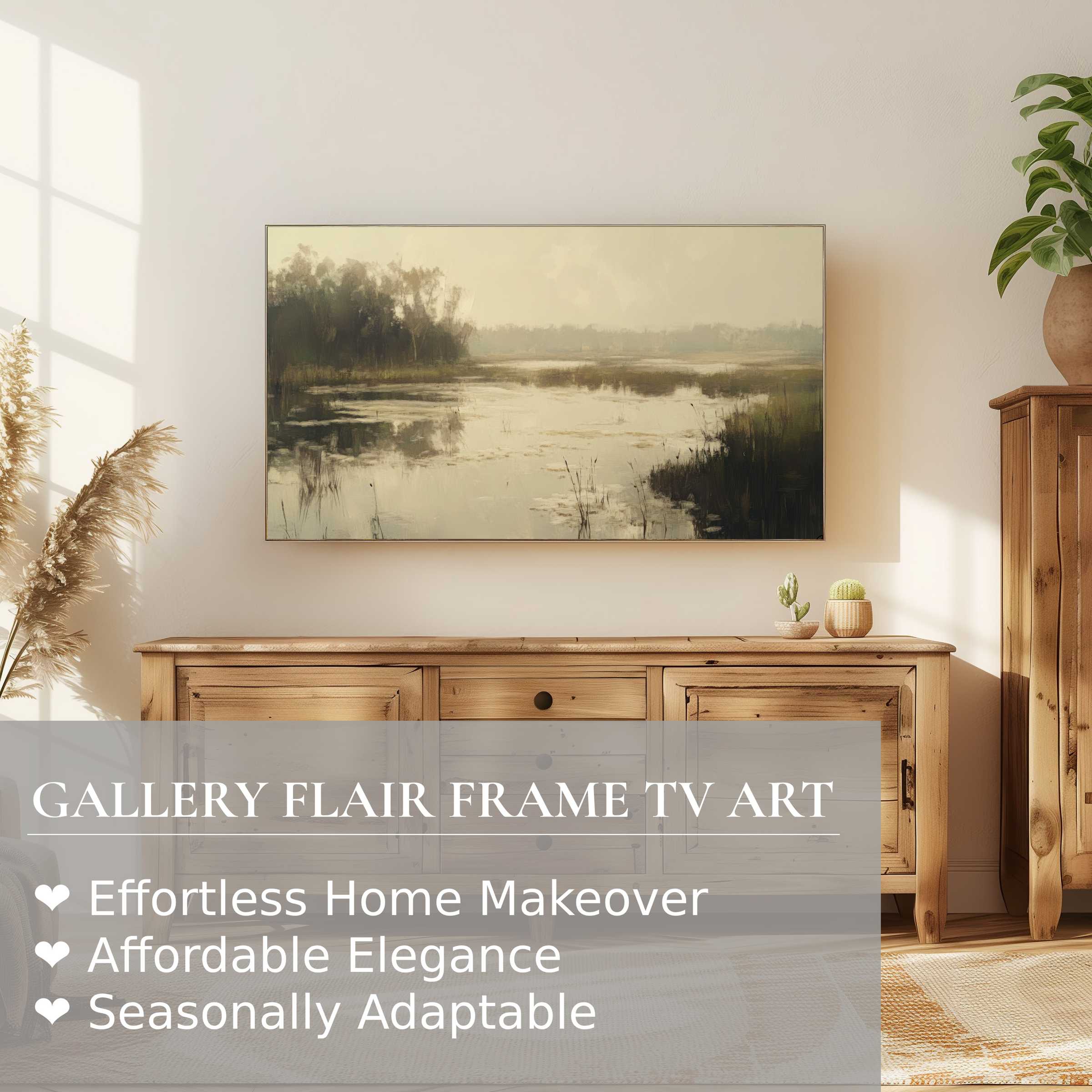 Samsung Frame TV displays serene, muted landscape digital artwork in a modern, warm, and elegant living space