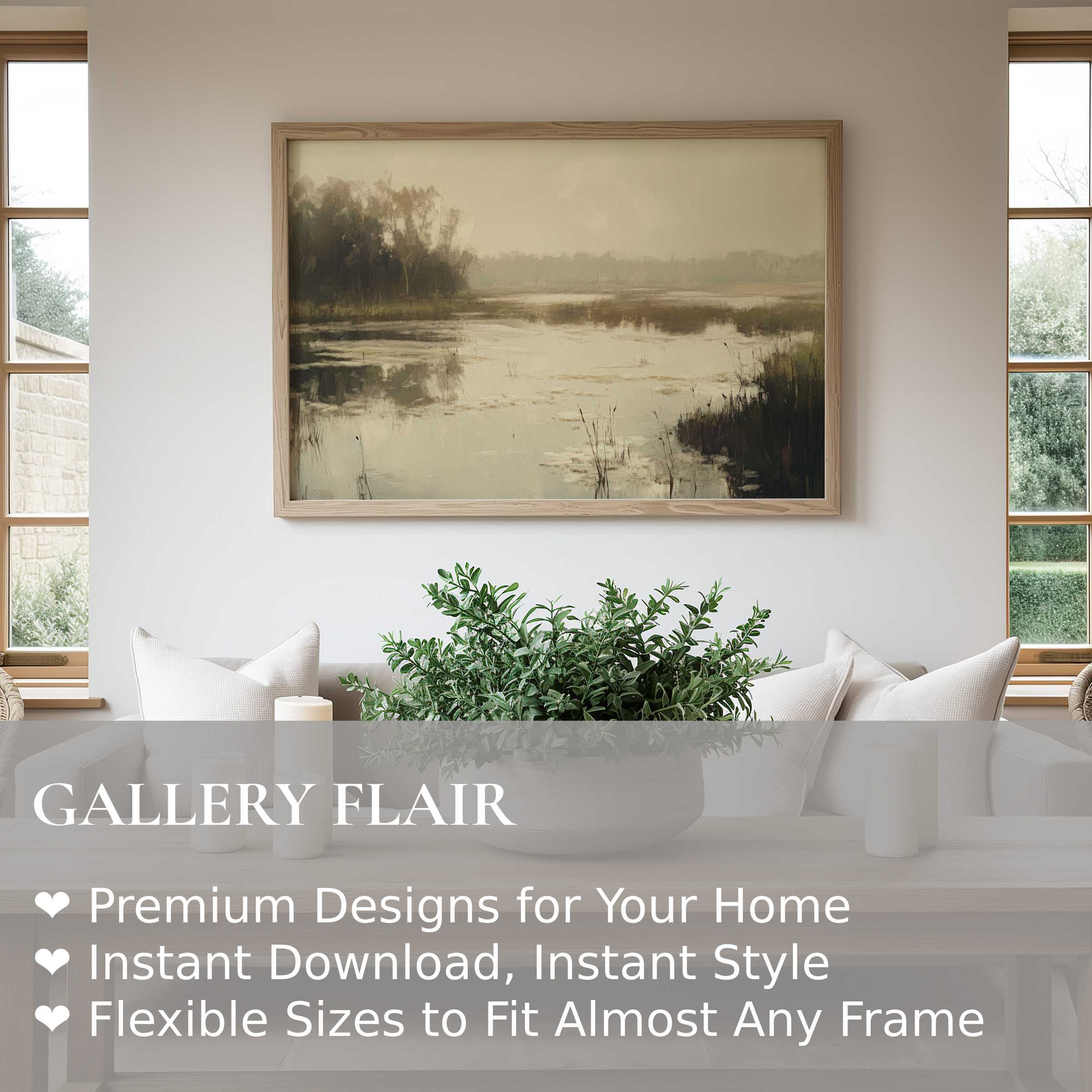 Serene landscape wall art print with muted earth tones, enhancing minimalist modern interiors with calming, natural elegance and refined tranquility