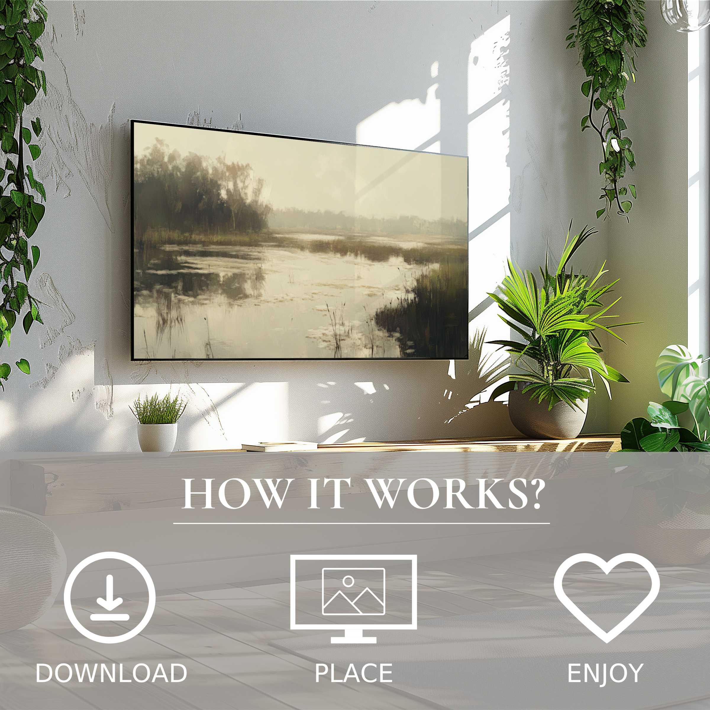 Modern living room with landscape art for Samsung TV, soft misty tones, easy digital download enriching space