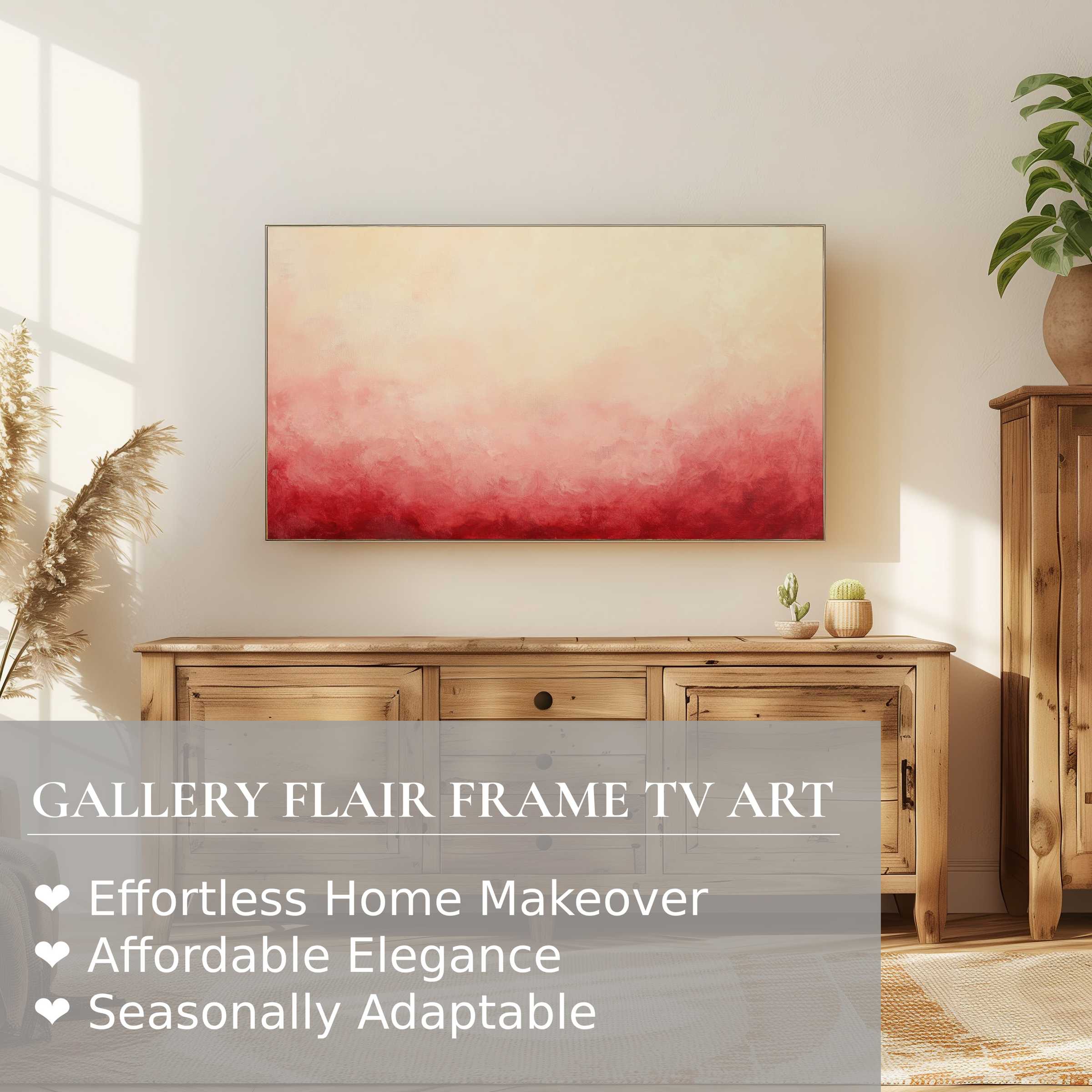 Minimalist living room with warm wood tones, soft light, Samsung Frame TV displaying modern digital artwork