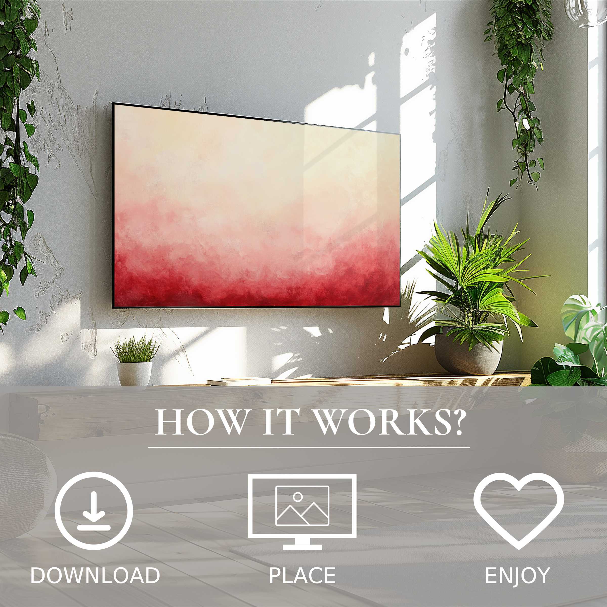 Modern art for Samsung TV: soft sunset tones enrich bright living space, easy digital download enhances decor instantly