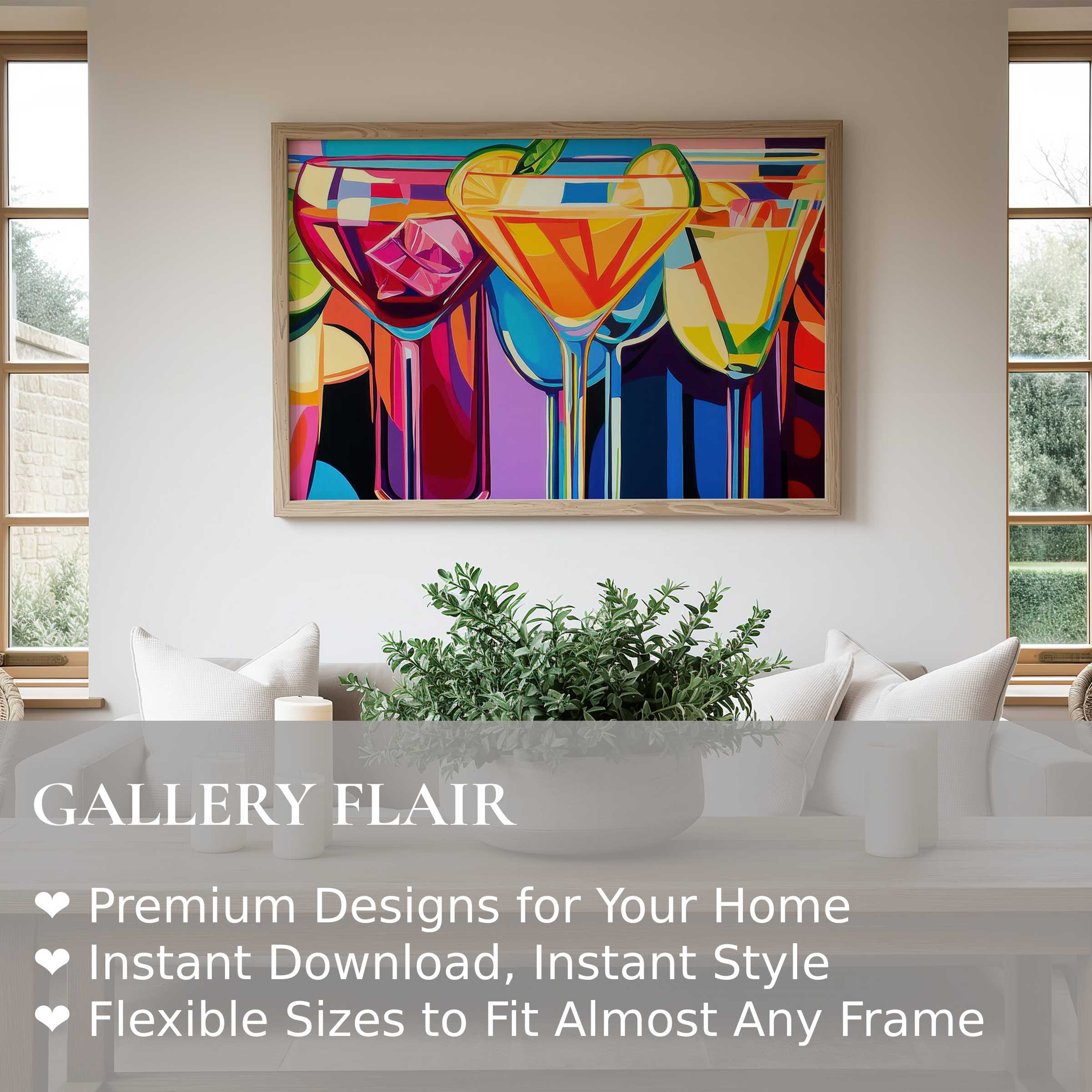 Vibrant pop art wall art print featuring colorful cocktails, adding bold energy and chic sophistication to a modern, minimalist living space
