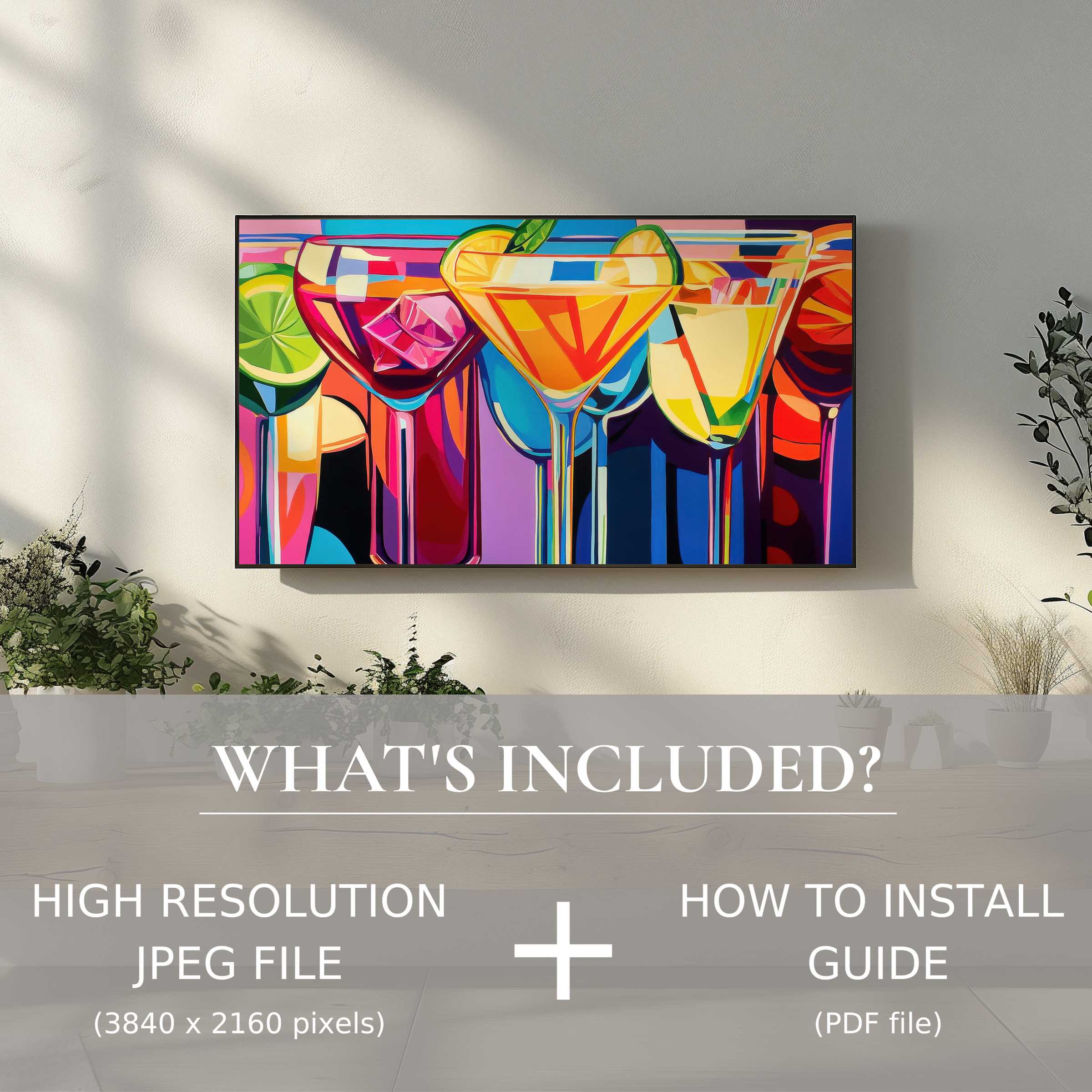 Modern living space enhanced by vibrant pop art digital TV art download, easy high-res digital use included