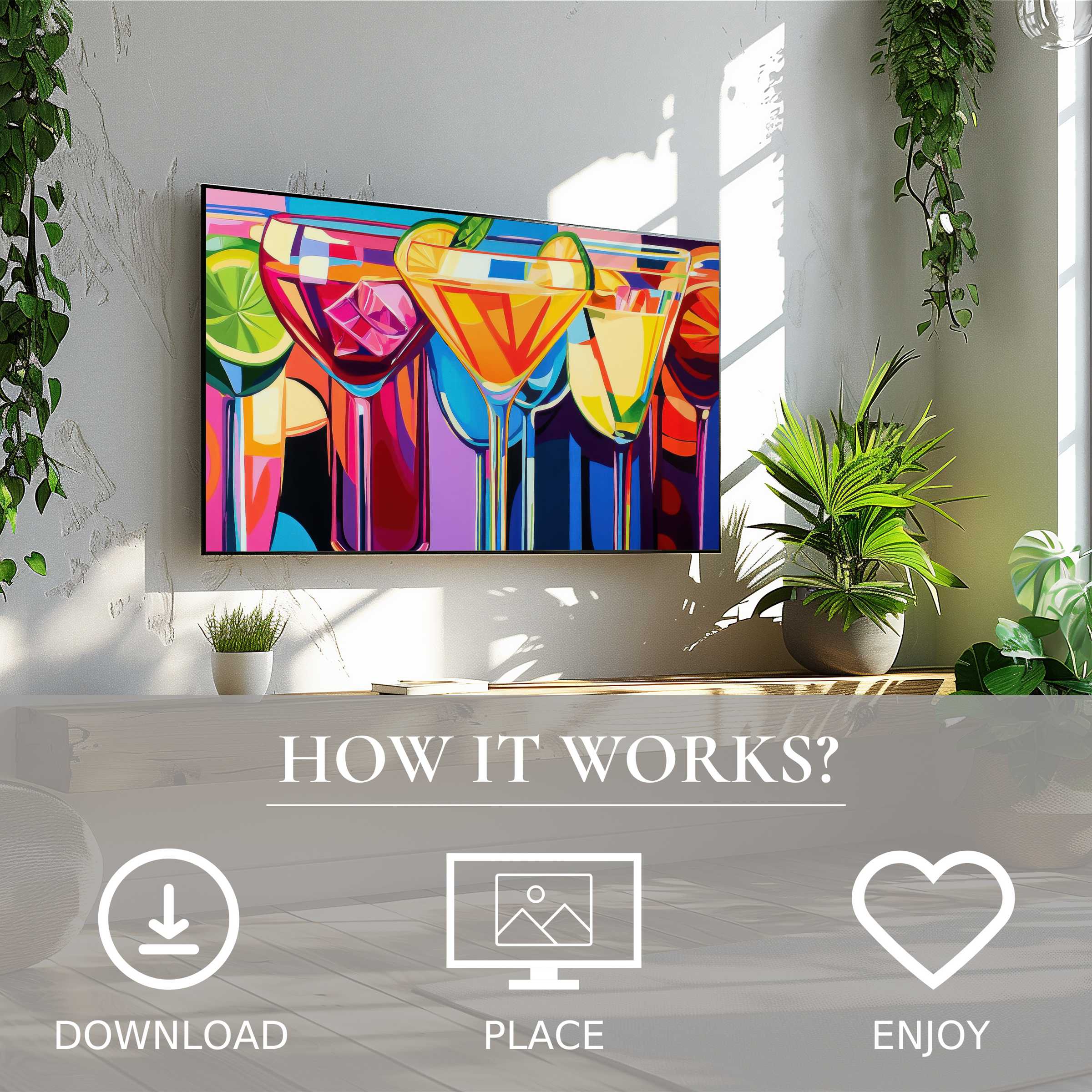 Pop art art for Samsung TV with vibrant cocktail motif, easy digital download to enrich modern living spaces