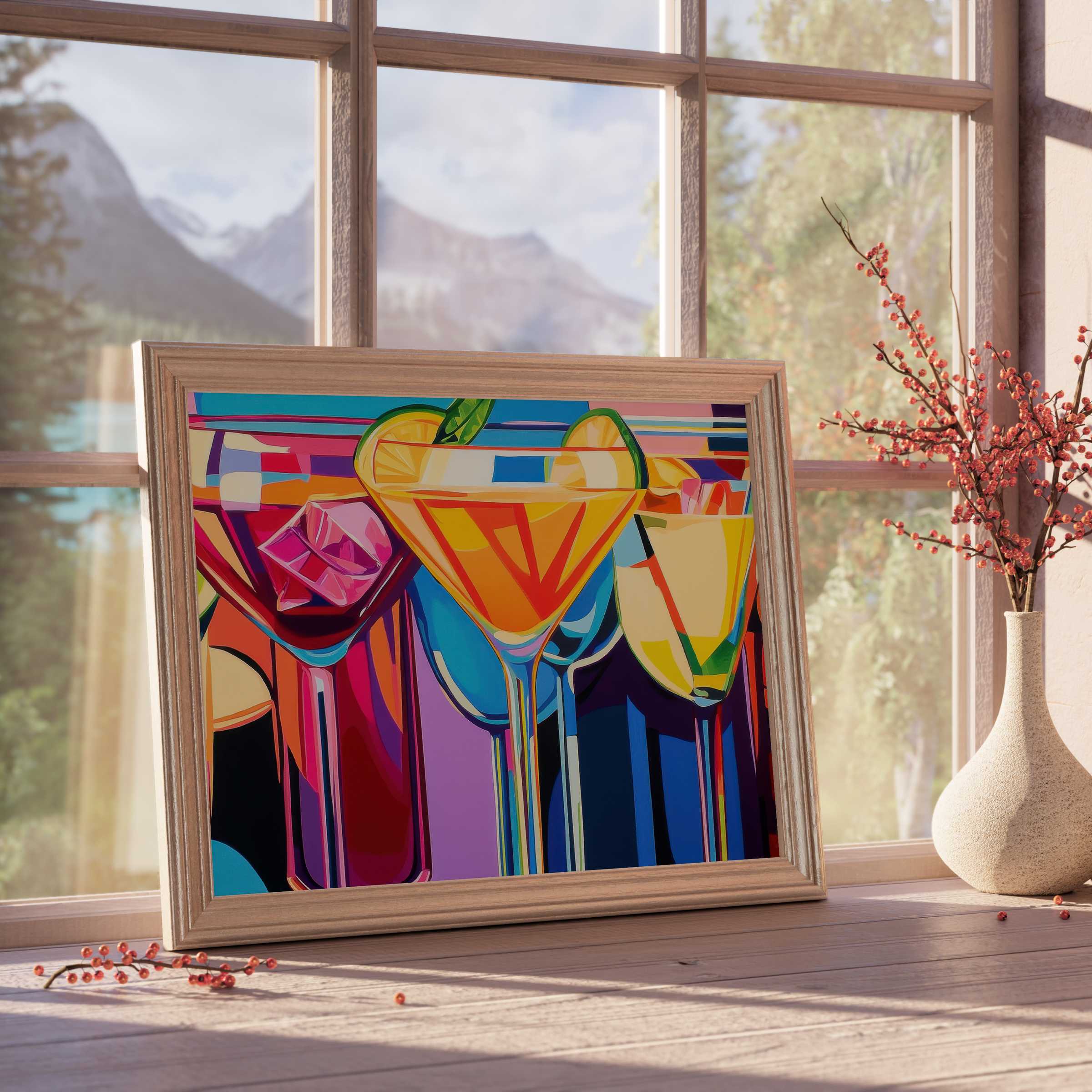 Vibrant pop art downloadable art featuring colorful cocktails, elevating chic interiors with bold, lively elegance and modern style
