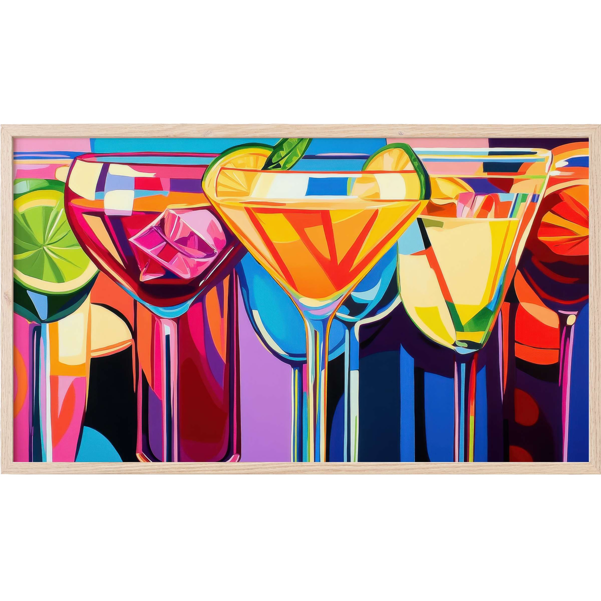 Vibrant cocktails in bold, geometric forms with vivid pink, yellow, blue hues, chic pop art Frame TV Art for stylish spaces
