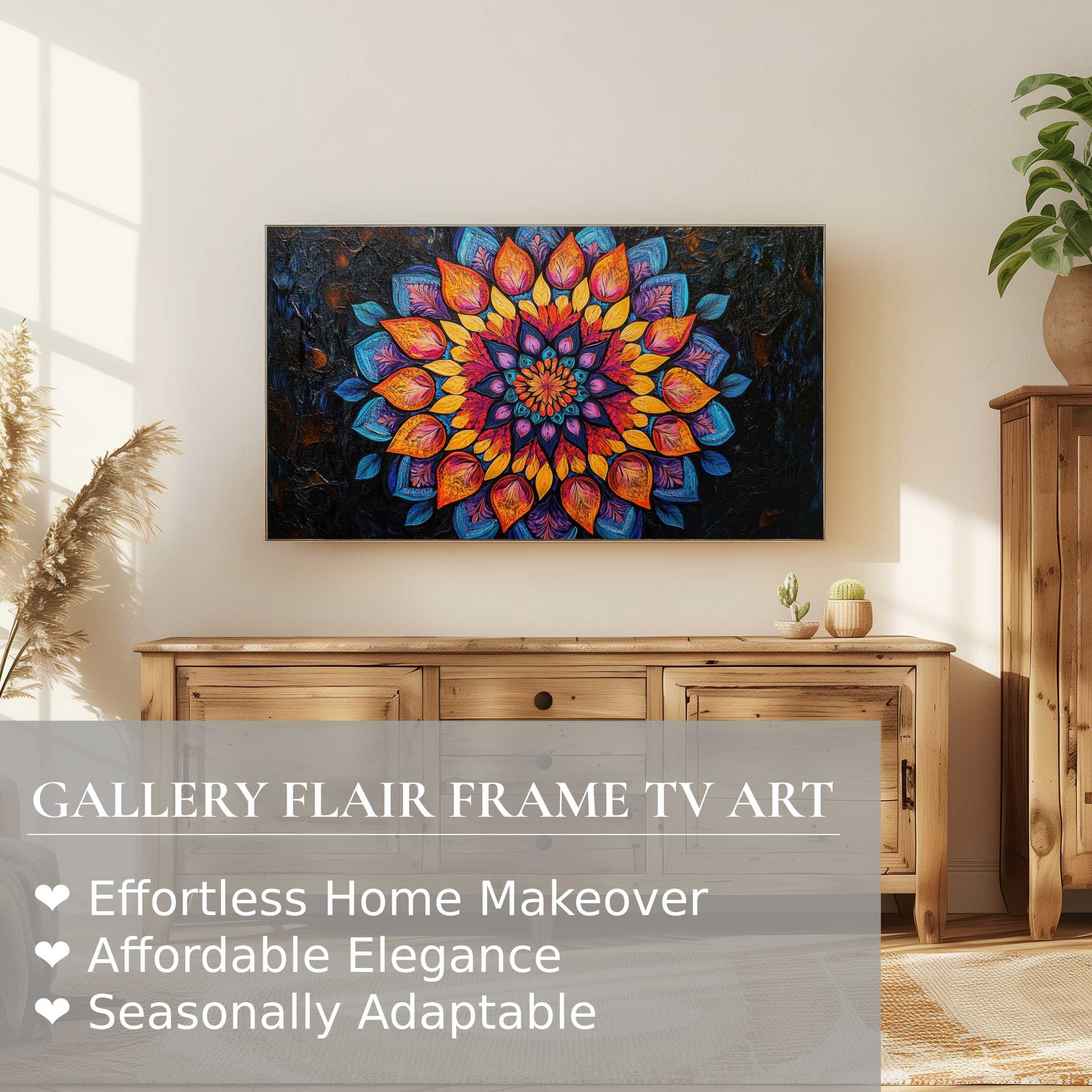 Modern living room with warm wood tones featuring Samsung Frame TV displaying vibrant floral digital artwork