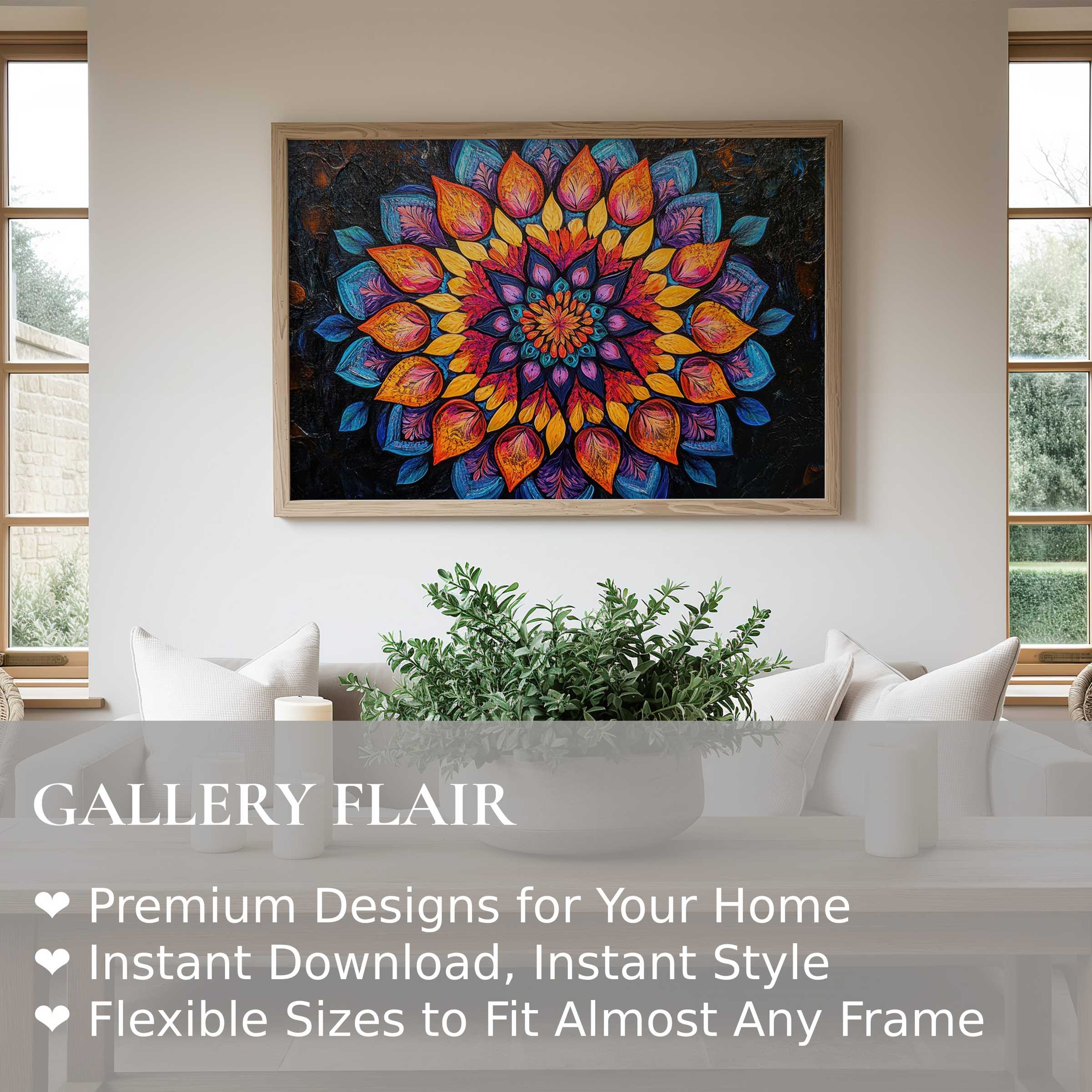 Vibrant floral wall art print with radiant, bold petals in a modern living room, elevating contemporary decor with artistic energy
