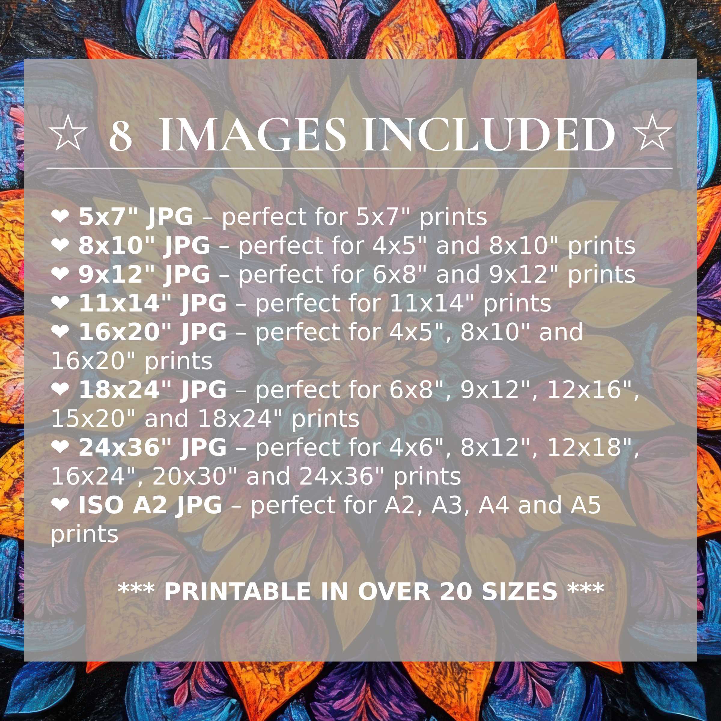 Floral digital print infused with radiant blues, purples, and vibrant oranges, offered in 8 high-quality sizes included, perfect for elevating modern interiors with timeless style and versatile luxury
