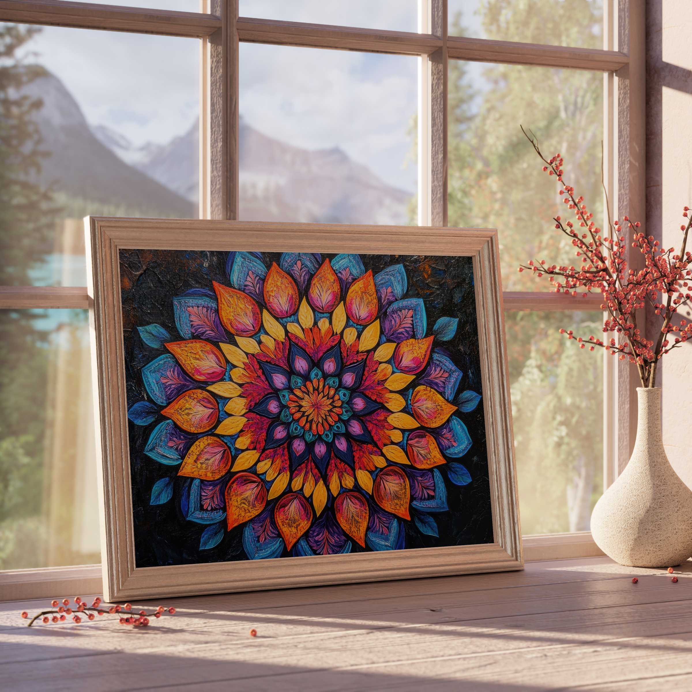 Vibrant floral downloadable art radiates warmth and depth, elevating tranquil, curated interiors with bold, modern elegance