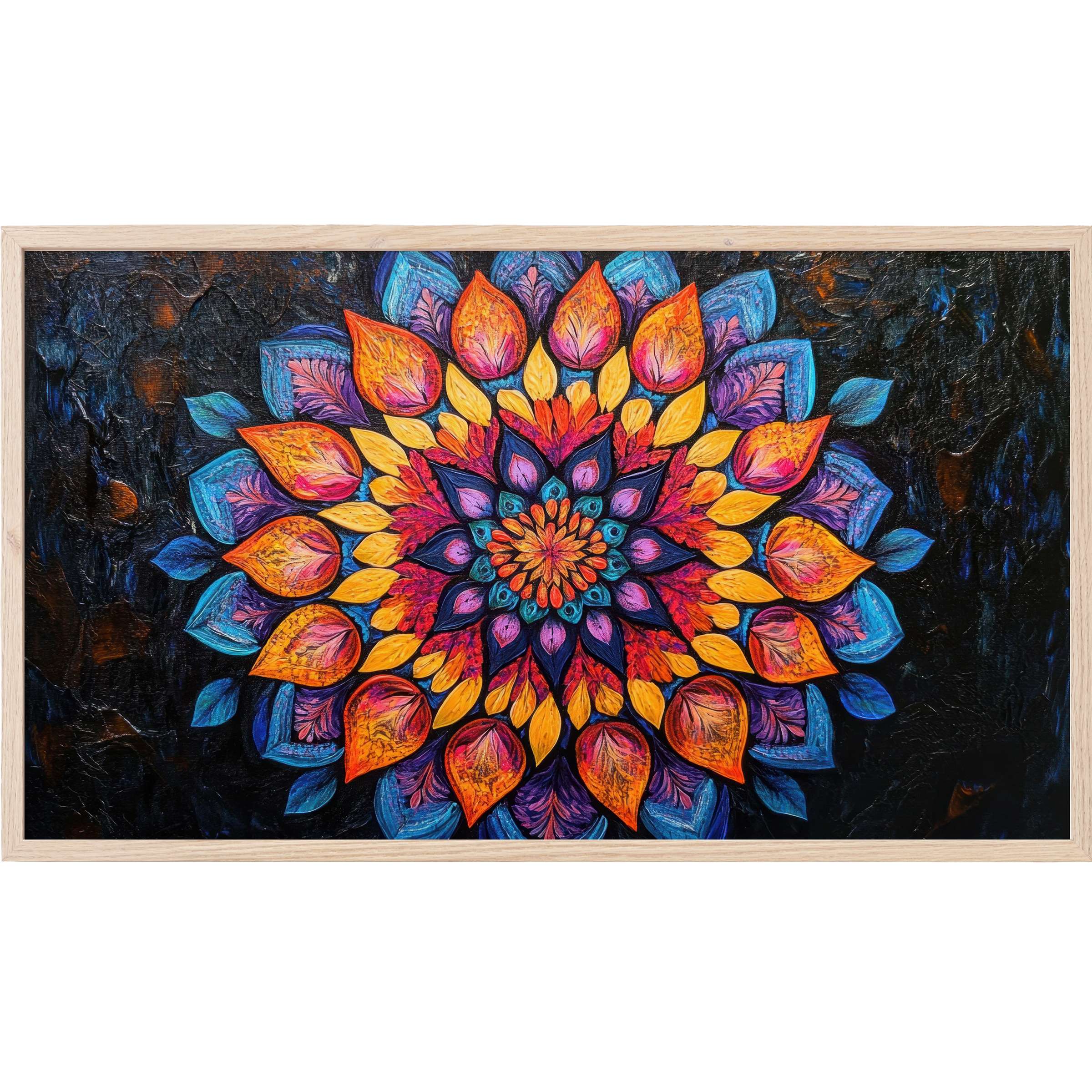Vibrant mandala with fiery oranges, deep blues, and purples on textured black in Floral Frame TV Art style