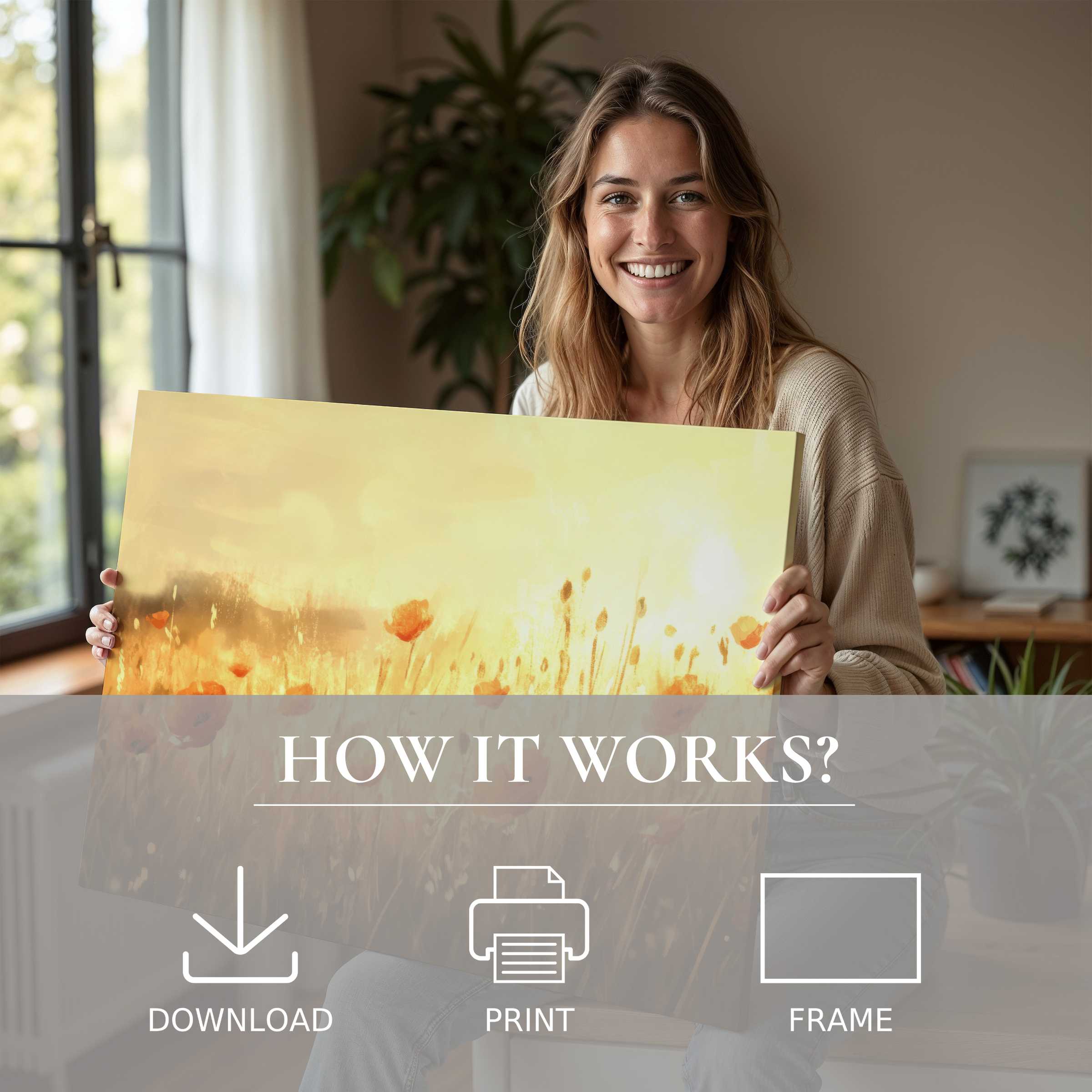 A radiant spring digital art print awakens a serene modern space, evoking warmth and connection in effortless style