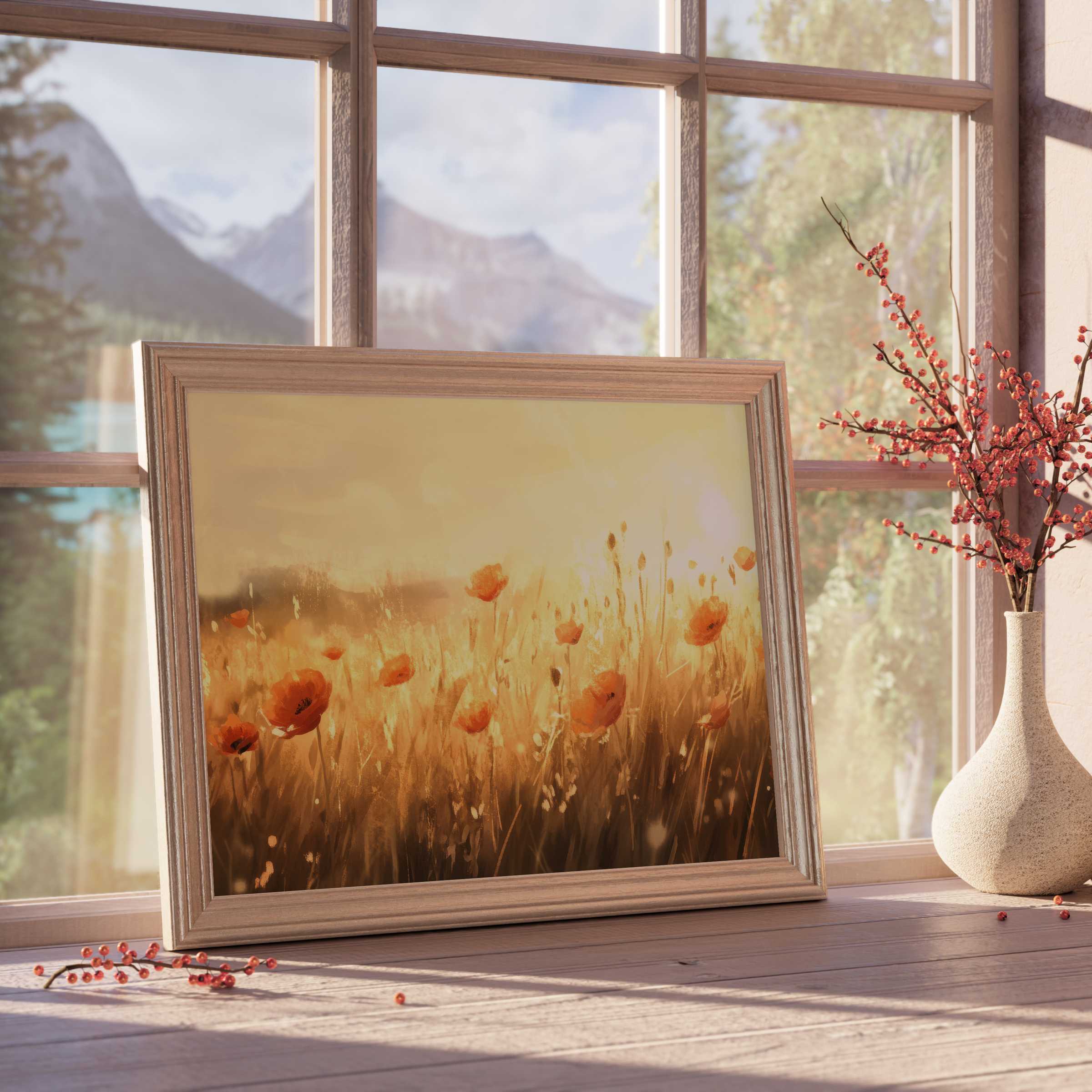 Sunlit spring downloadable art featuring delicate poppies in warm golden hues, perfect for curated, tranquil modern interiors