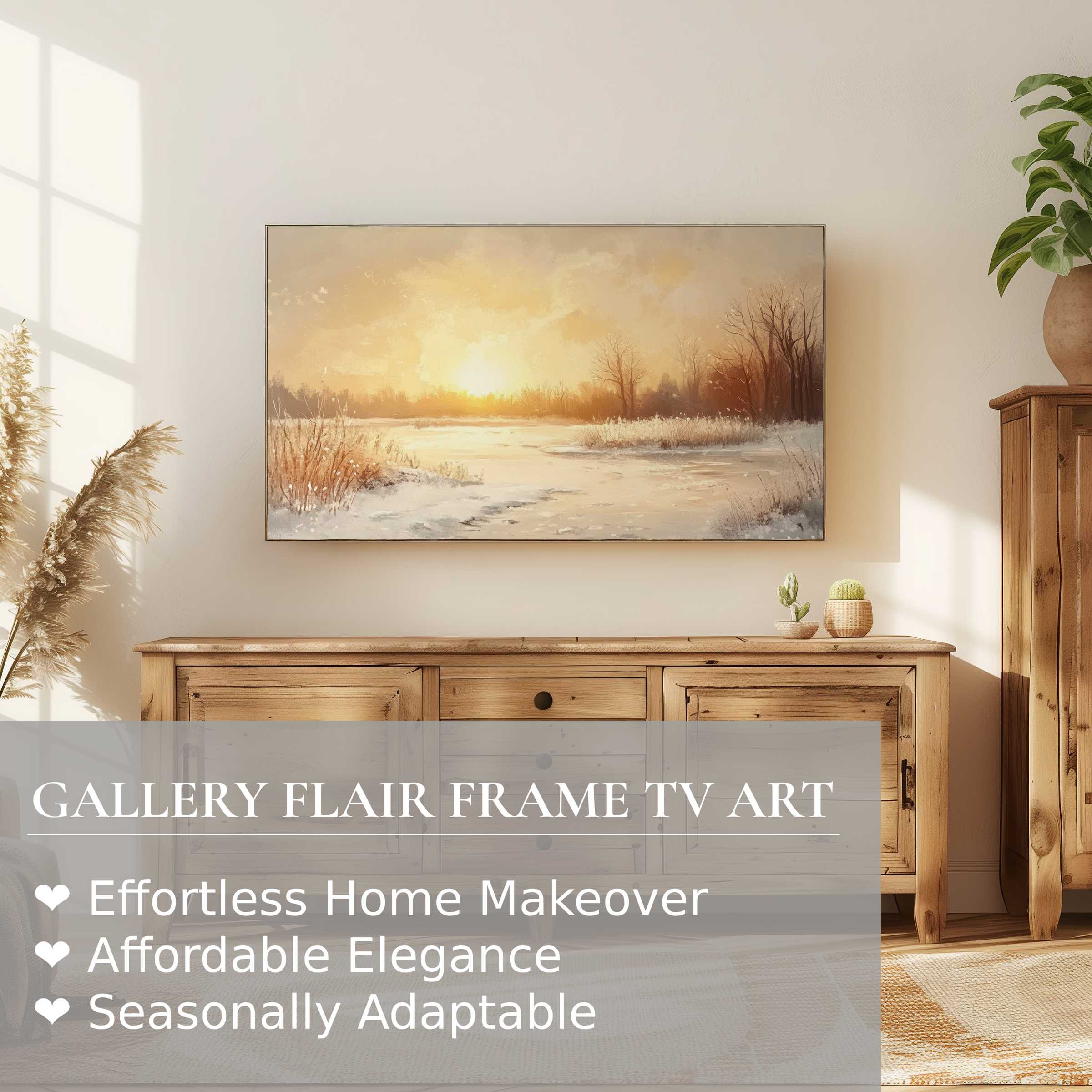 Samsung Frame TV showcasing warm winter digital artwork in a serene, elegant living space with natural wood decor