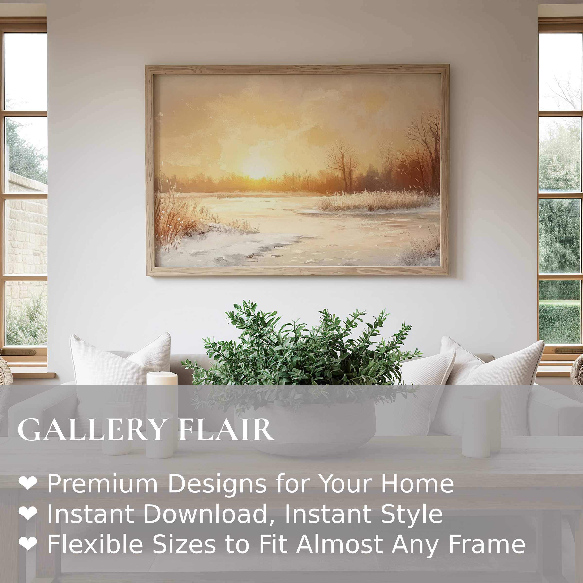 Winter wall art print capturing a serene, radiant sunset over a snowy landscape, enhancing modern minimalist interiors with warm, calming elegance