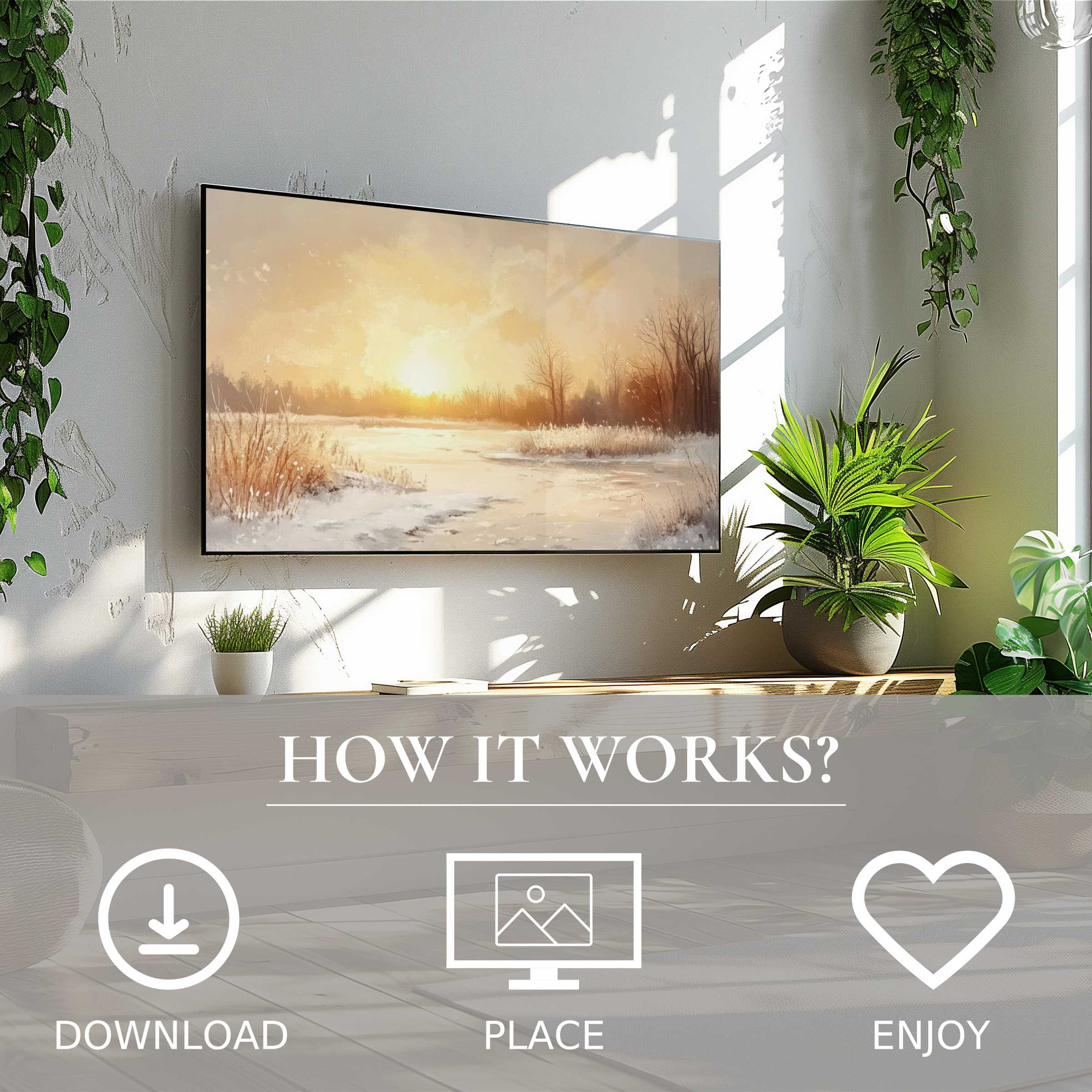 Winter art for Samsung TV shows soft sunset tones on a sleek Frame TV in a green-accented, bright room Easy digital download