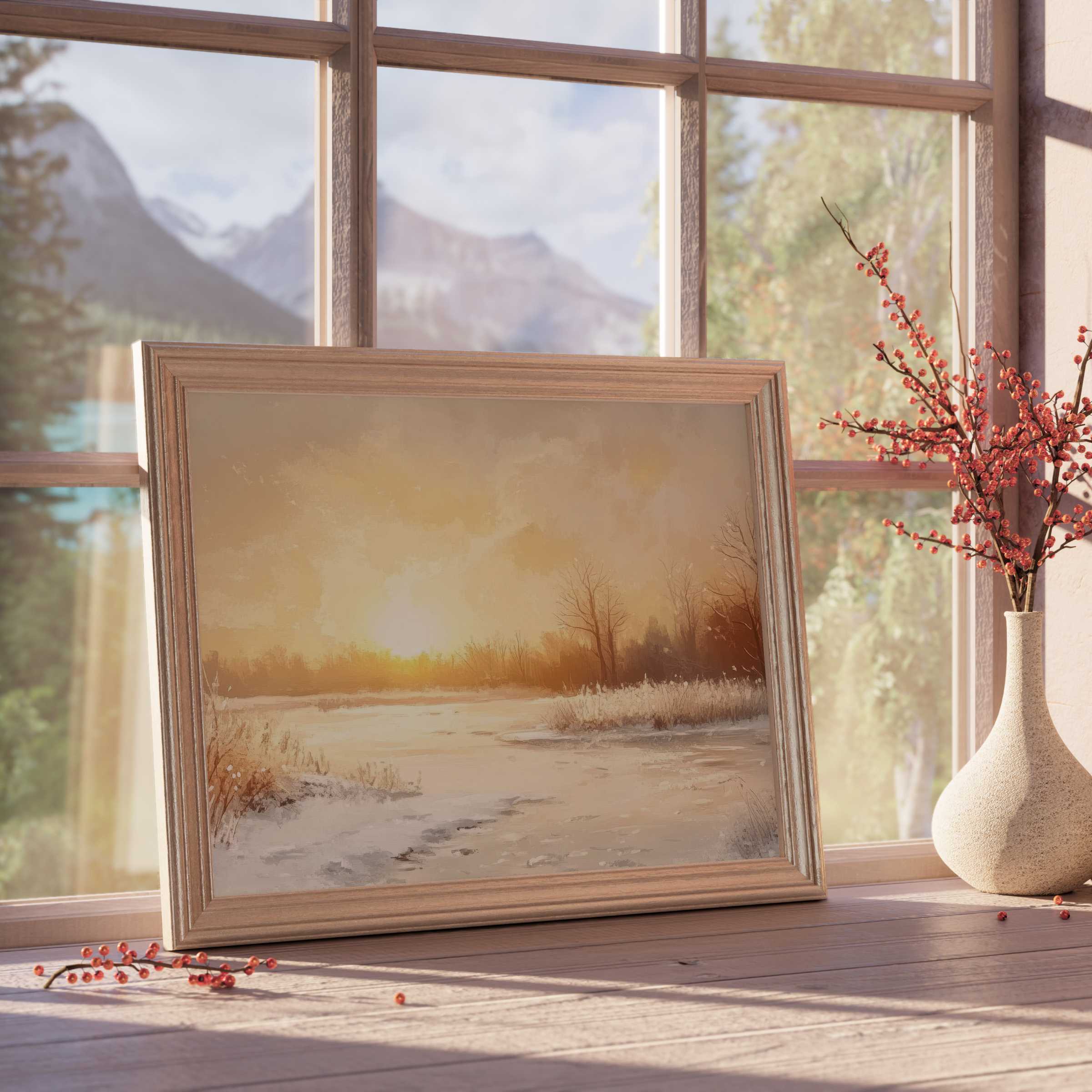 Winter downloadable art capturing a serene snowy sunset landscape, elevating refined interiors with warm, tranquil ambiance