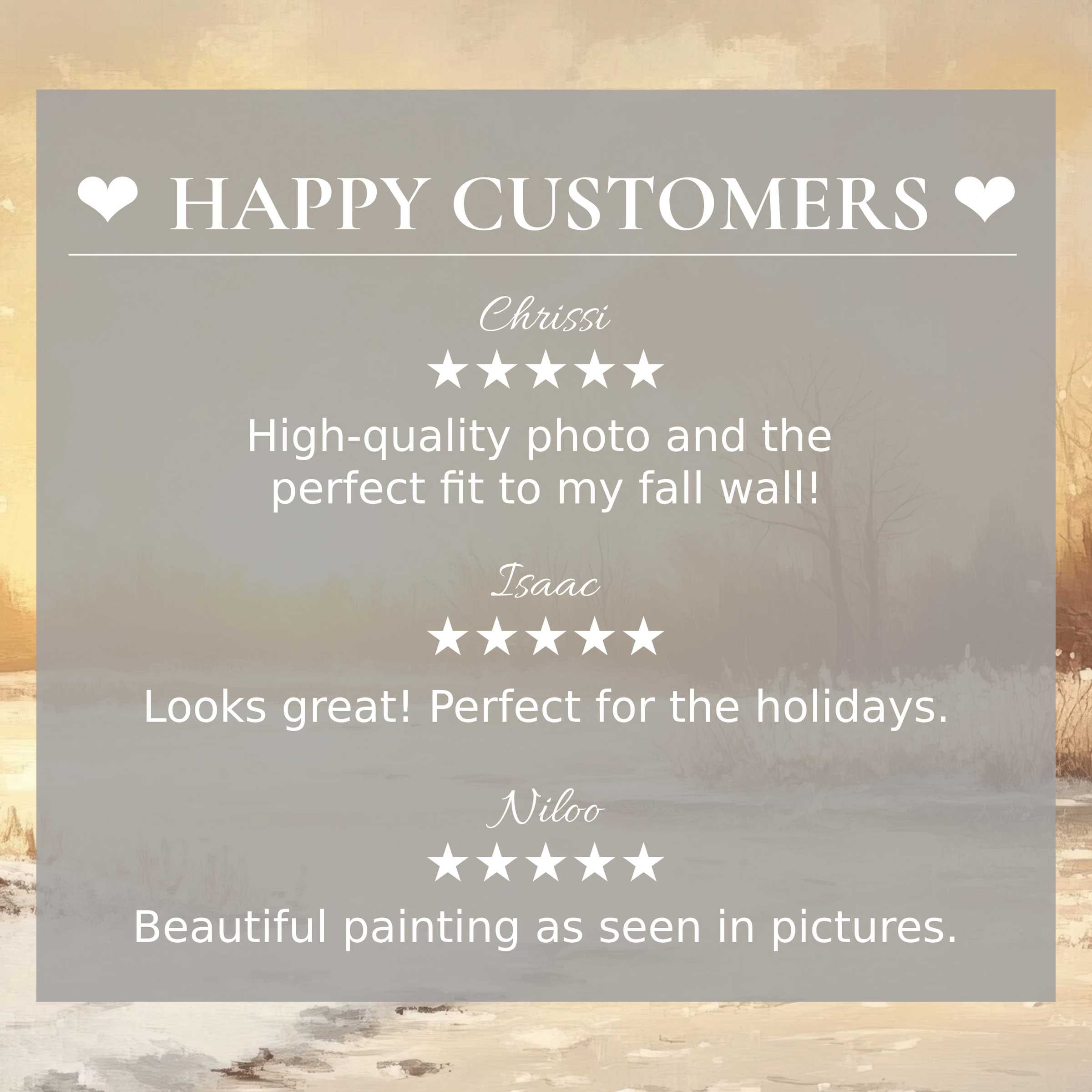 Winter art for Frame TV with serene muted landscape background, showcasing happy customer reviews and refined elegance