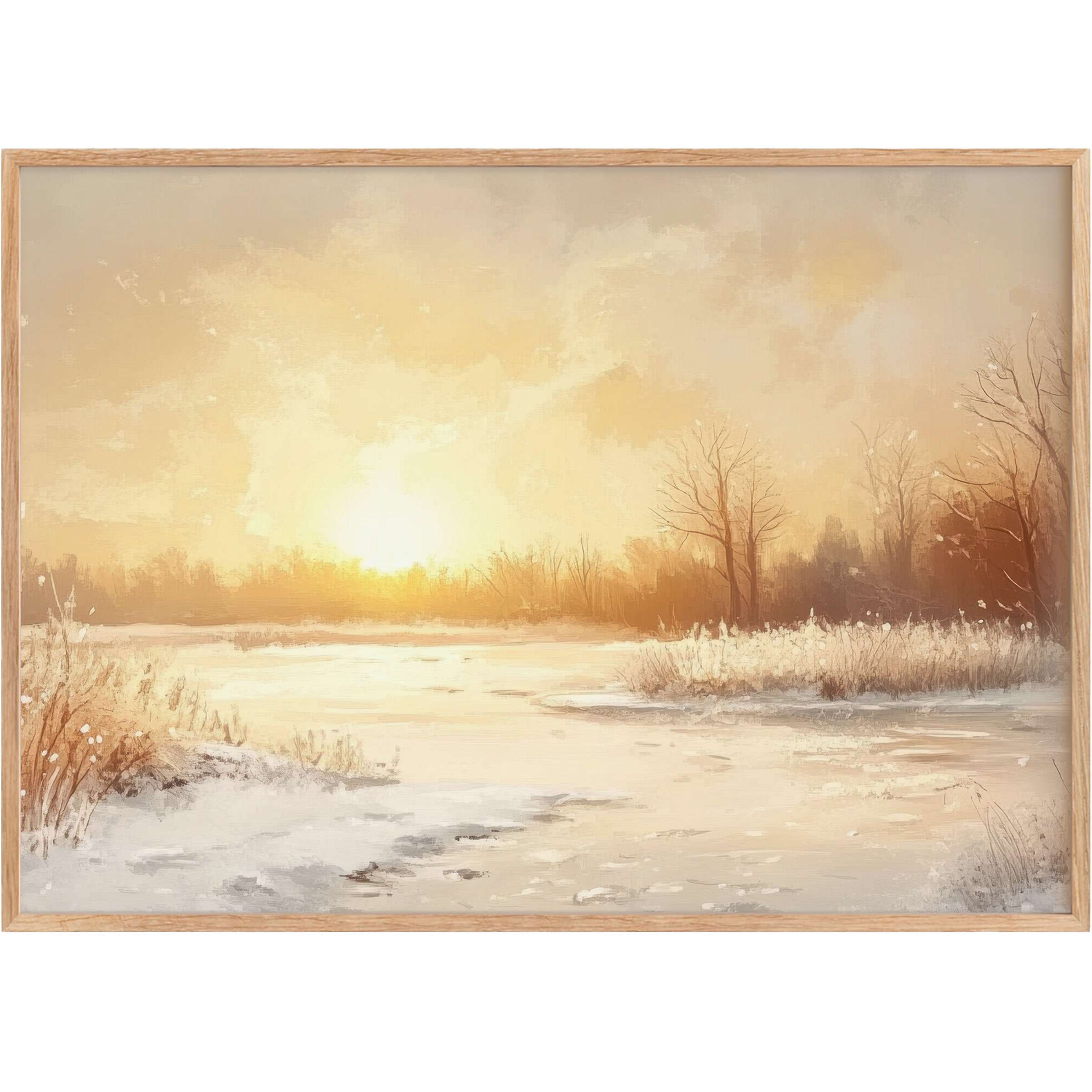 Golden-hued winter printable wall art capturing a serene snowy landscape at dawn, evoking warmth and quiet elegance