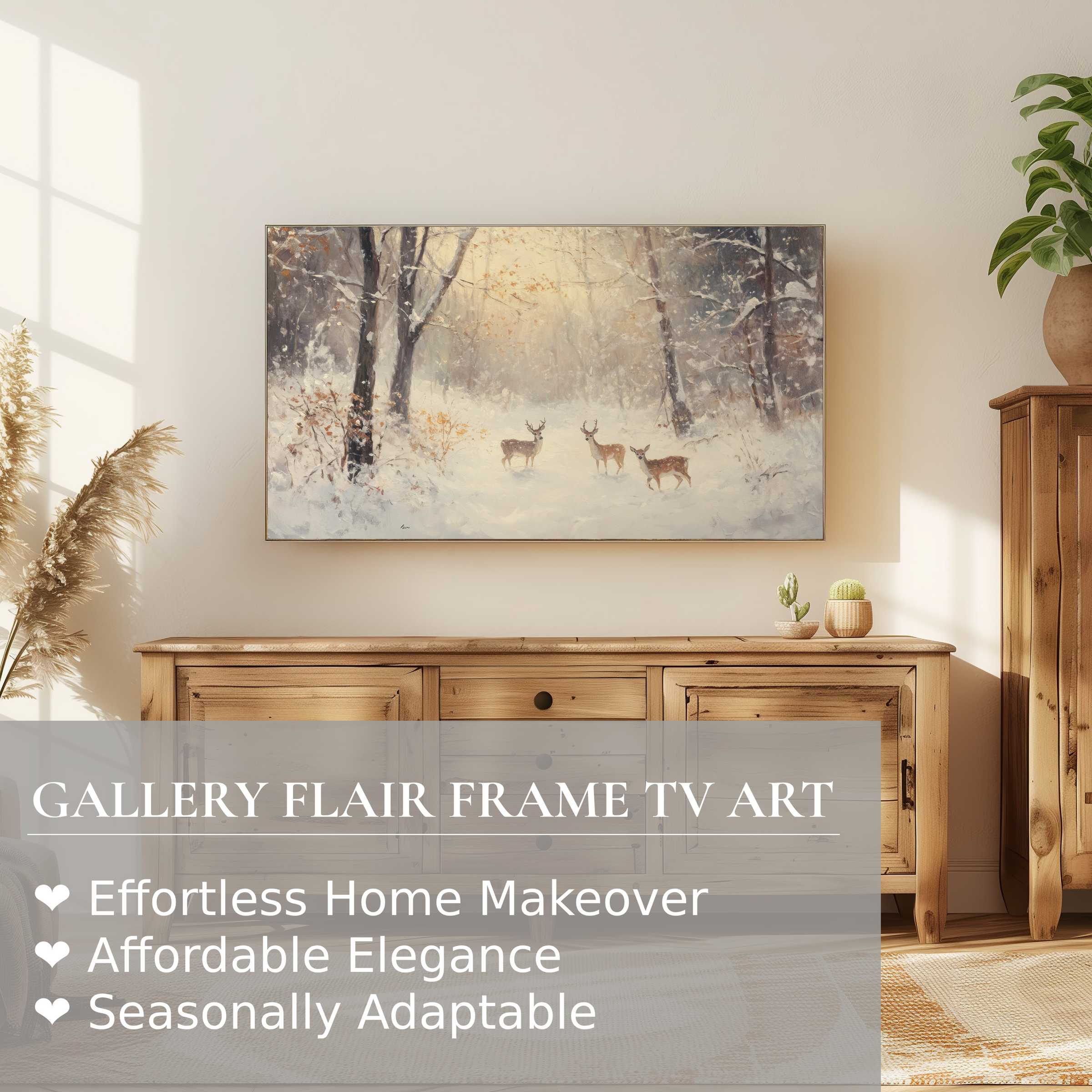 Samsung Frame TV displaying serene christmas digital artwork with elegant winter forest and deer in a refined living space