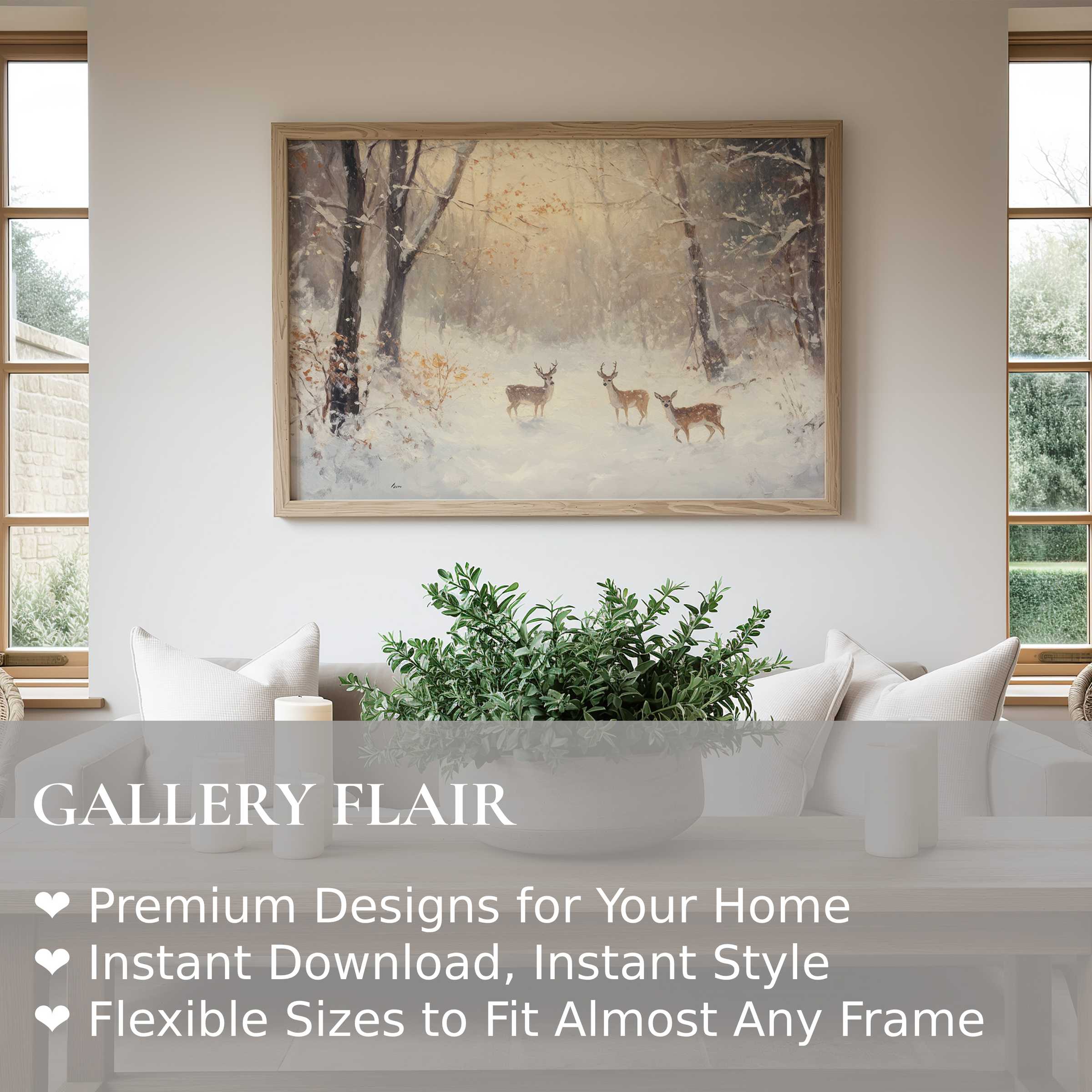 Christmas wall art print featuring a serene winter forest scene with deer, enhancing modern rustic interiors with calming, elegant charm