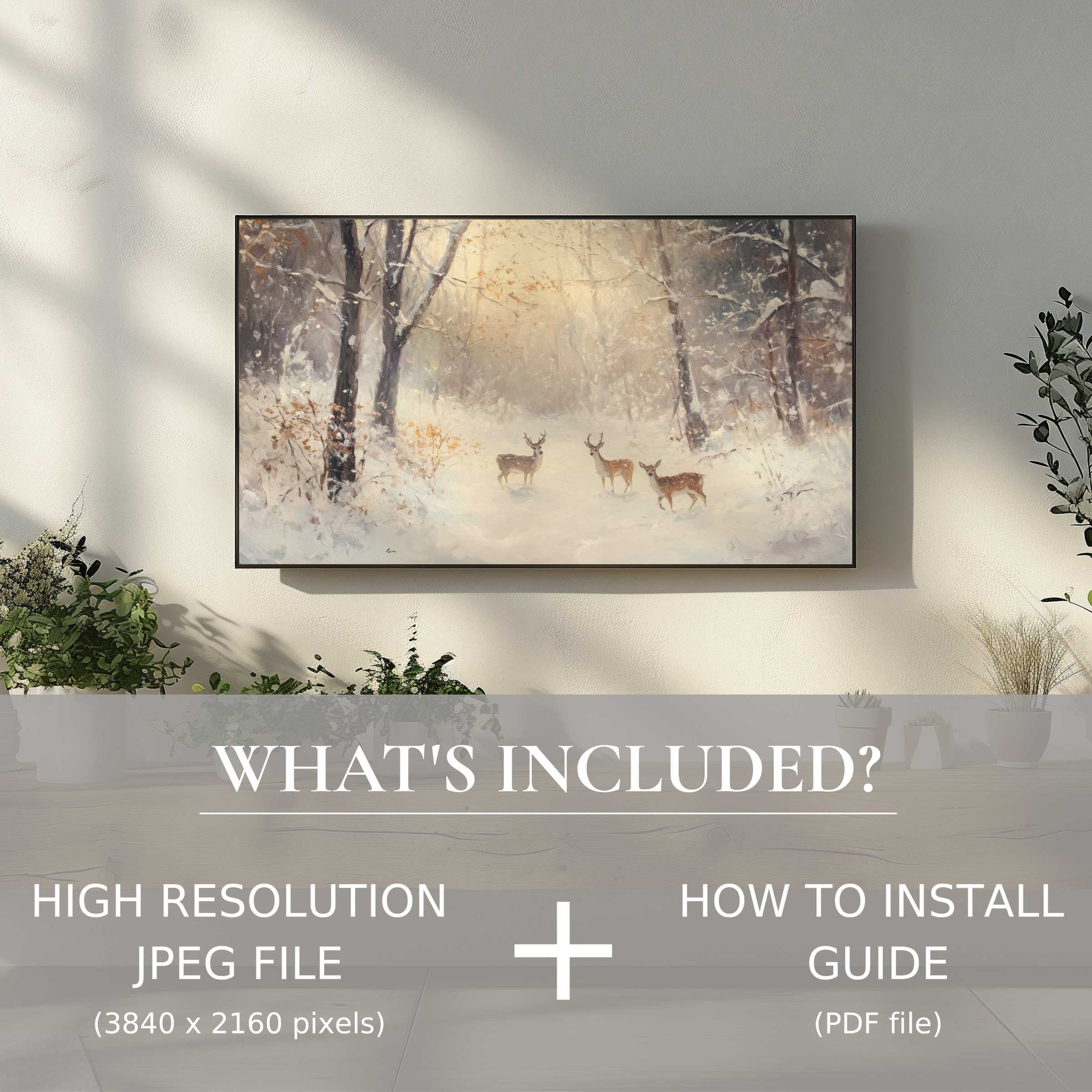 Elegant winter scene on TV enhances modern living space with easy christmas digital TV art download for stylish decor