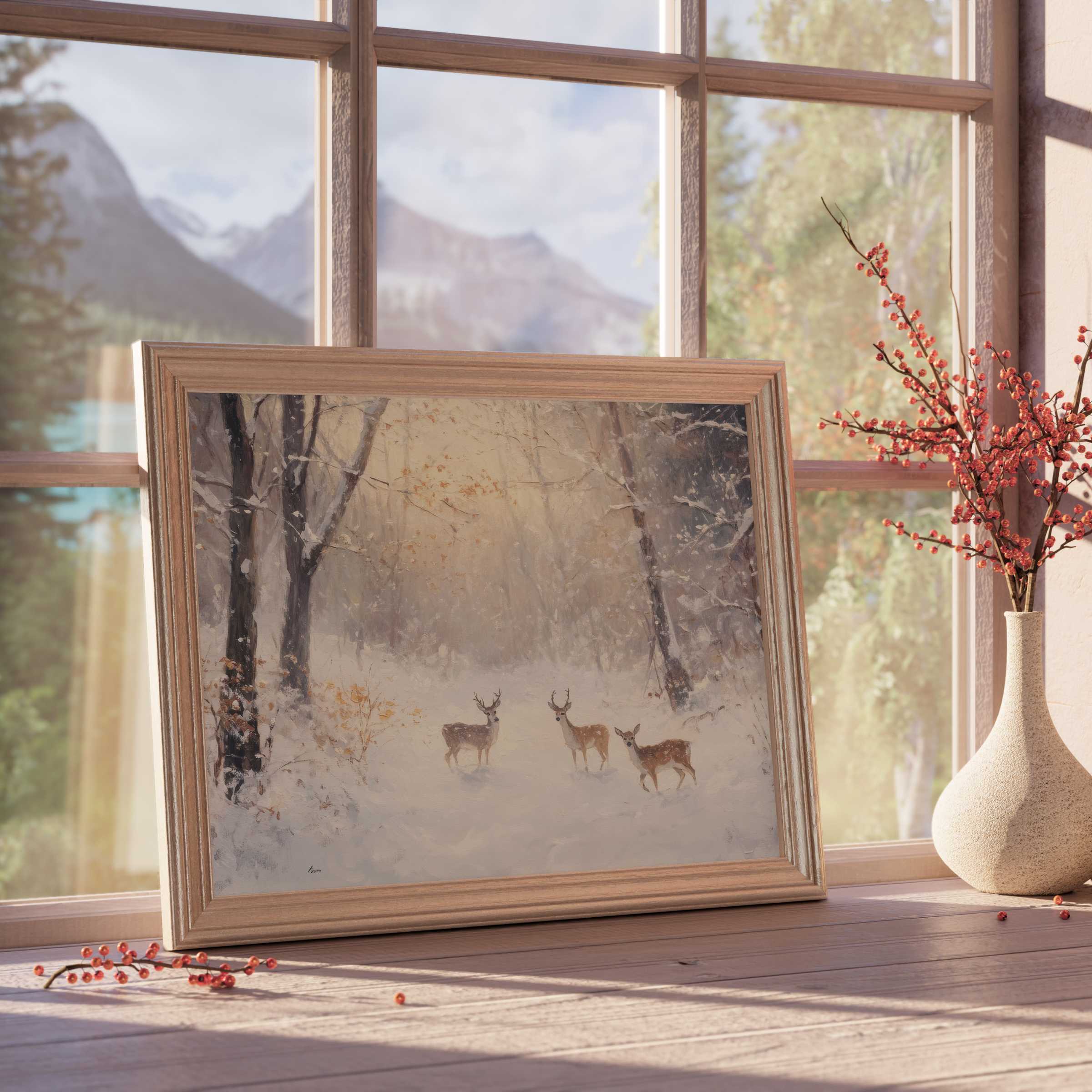 Winter woodland serenity with graceful deer in soft snowfall, a Christmas downloadable art enhancing elegant, tranquil modern interiors