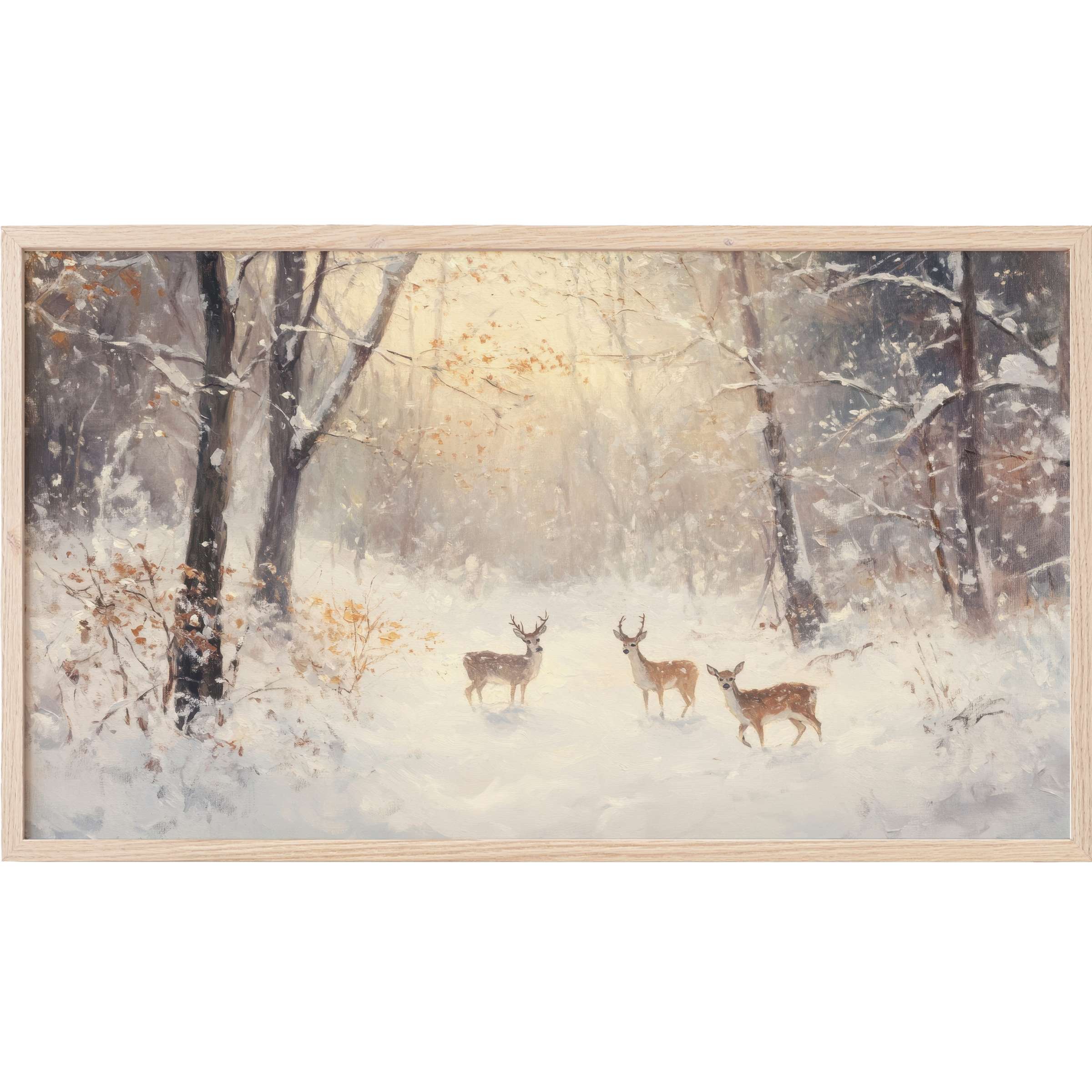 Elegant winter forest scene with deer amid soft snow and muted tones, perfect christmas Frame TV Art