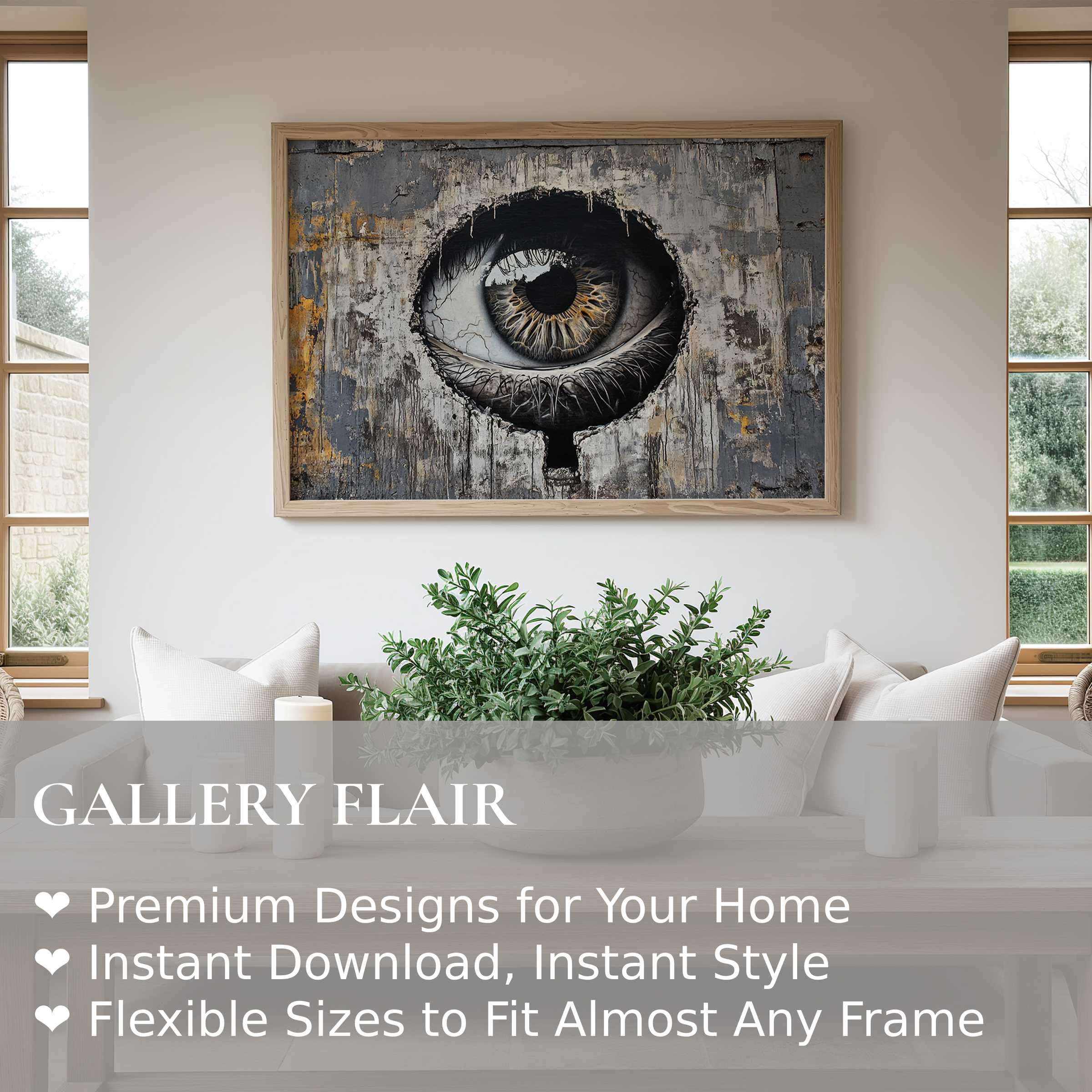 Bold street art wall art print featuring a hyper-realistic eye on distressed textures, enriching contemporary minimalist interiors with urban edge and depth