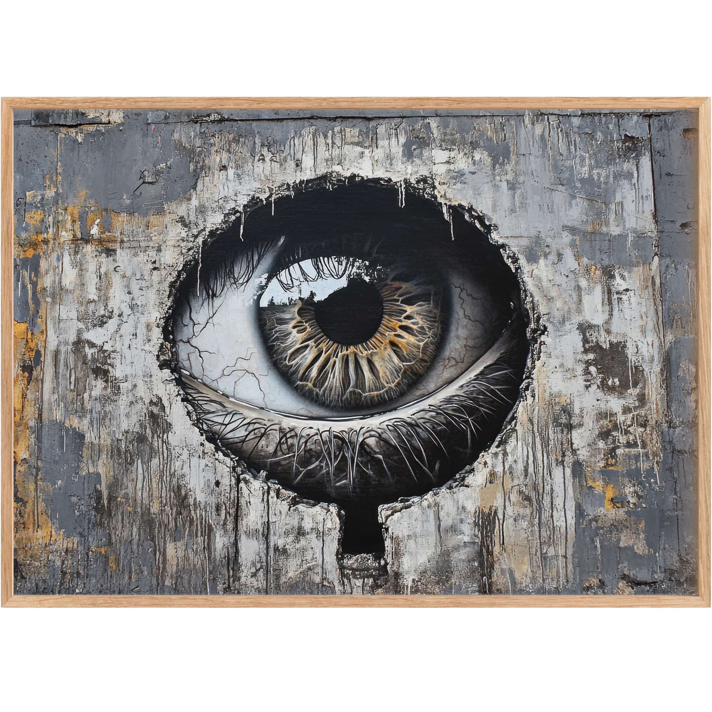 Captivating street art printable wall art featuring a striking eye amid textured grays and ochres, evoking a bold, introspective mood