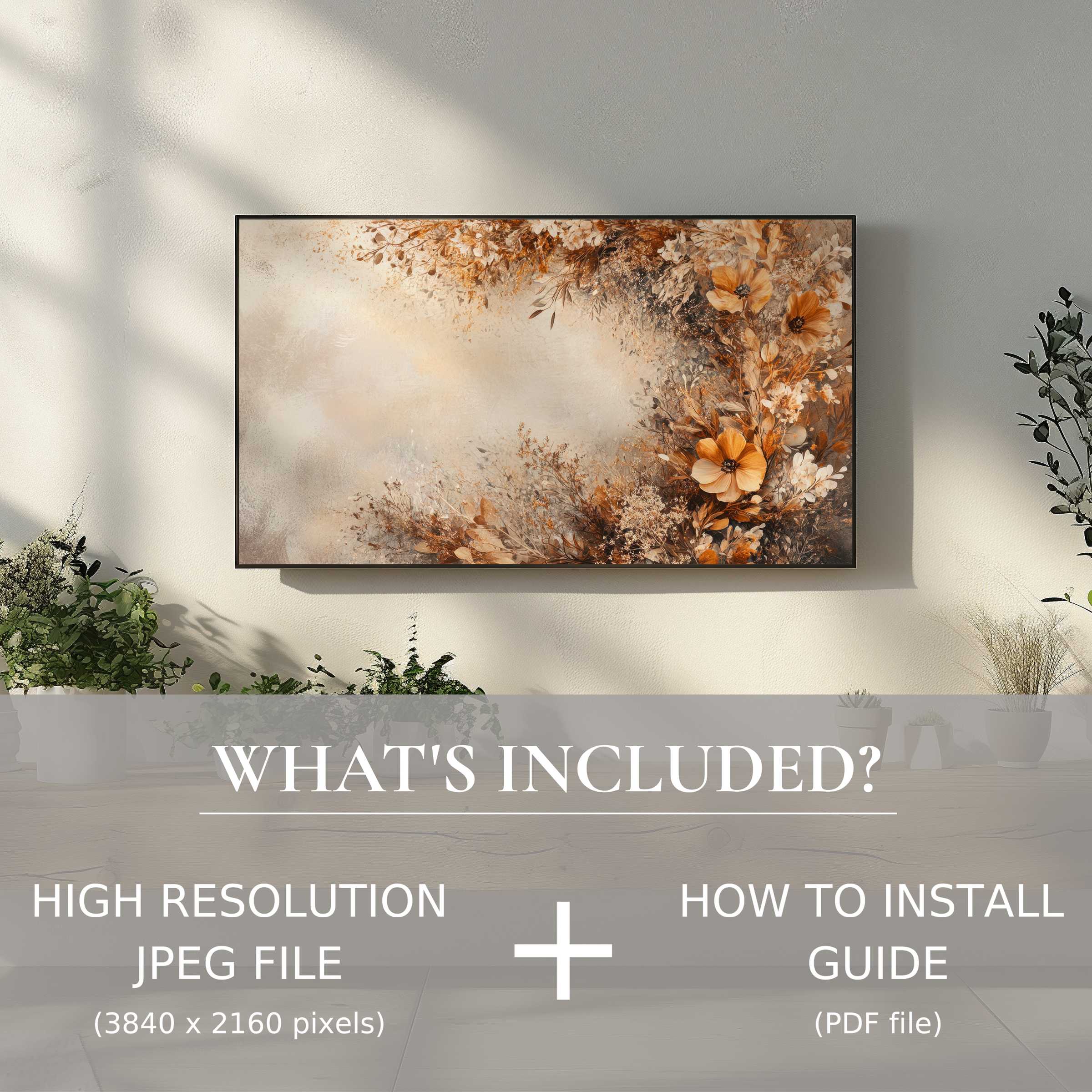 Elegant boho digital TV art download enhances your space effortlessly with warm florals, easy digital use for modern decor