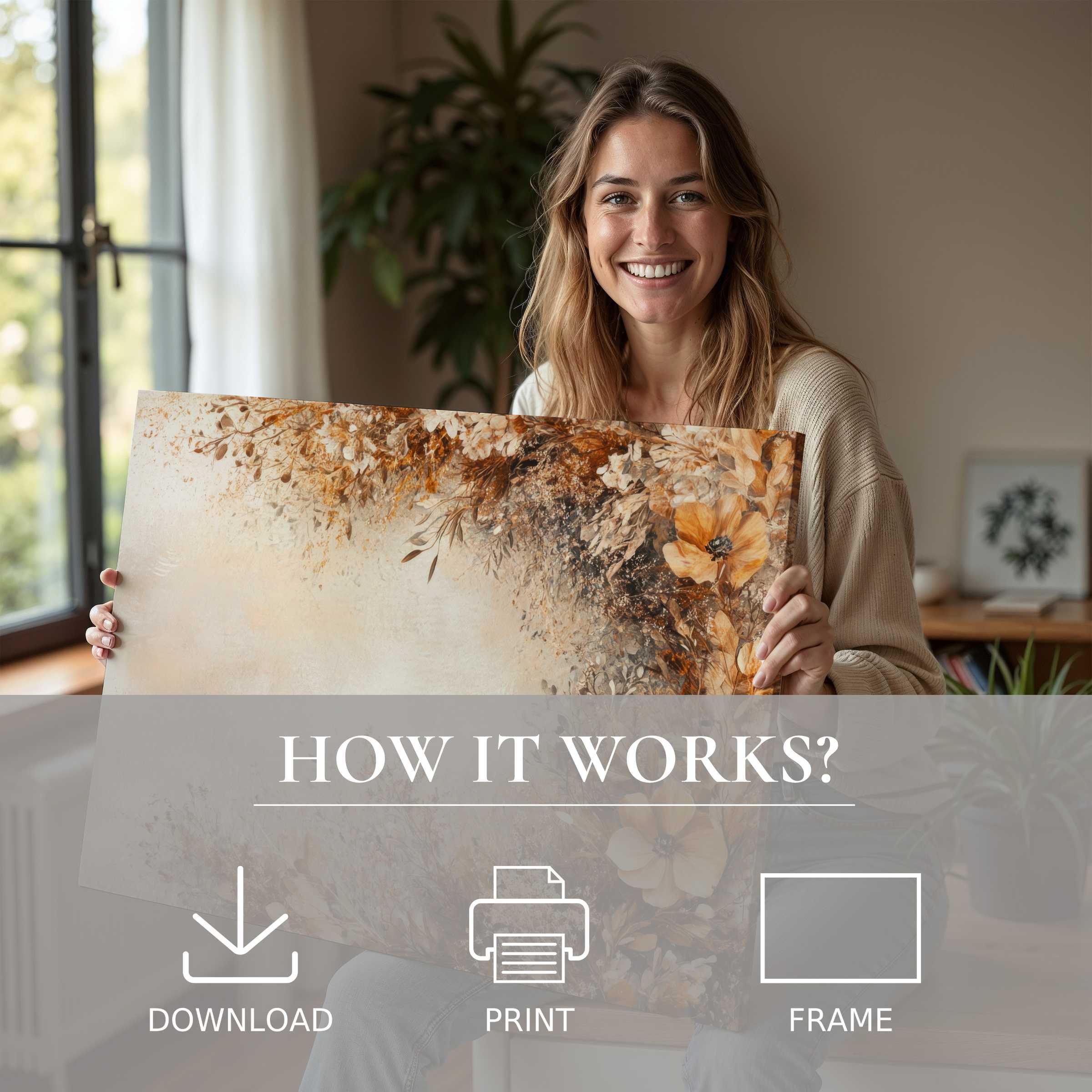 Refined boho digital art print radiates warmth and joy, transforming a modern home with effortless grace and natural beauty