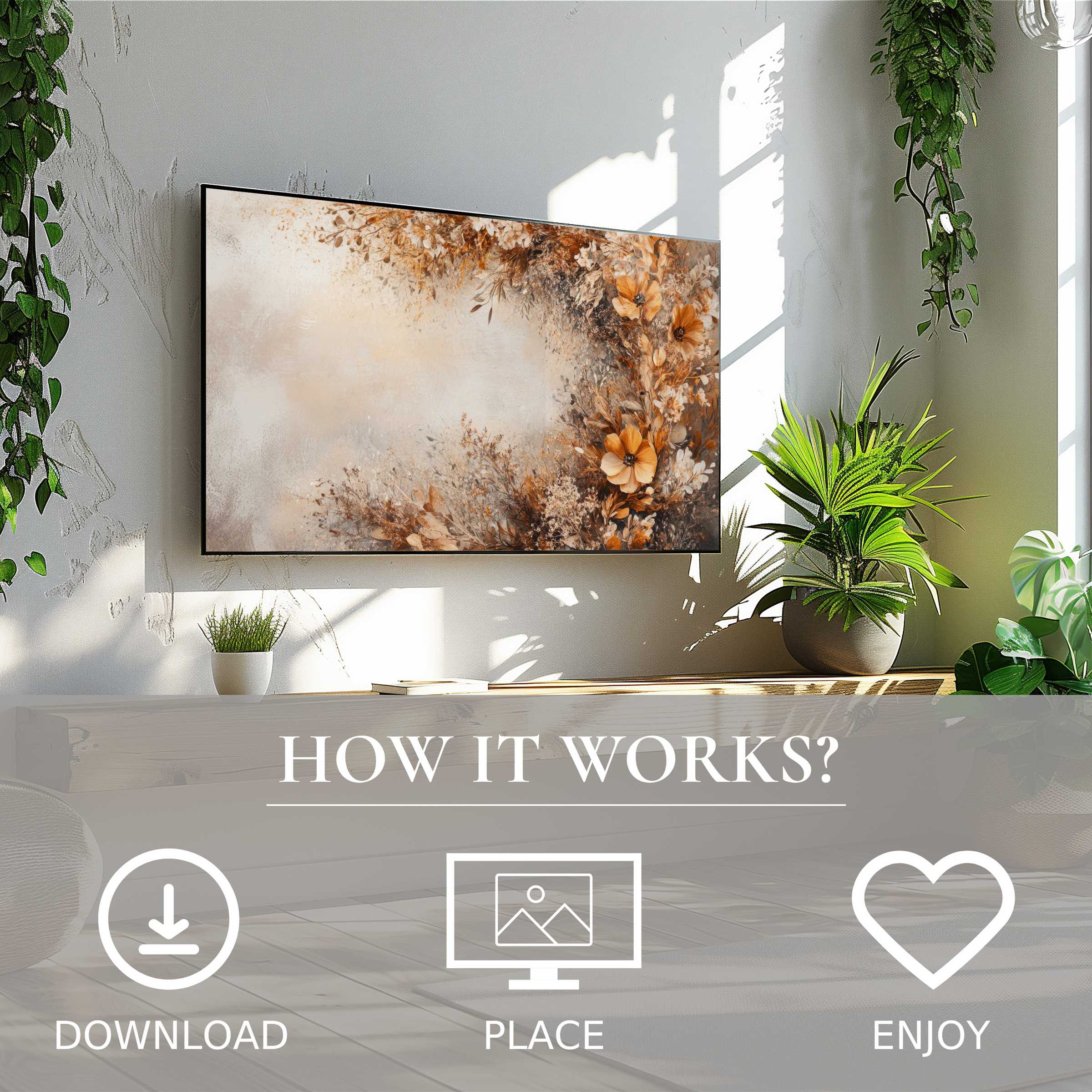 Boho art for Samsung TV features warm floral tones on Frame TV; easy digital download enriches modern living spaces