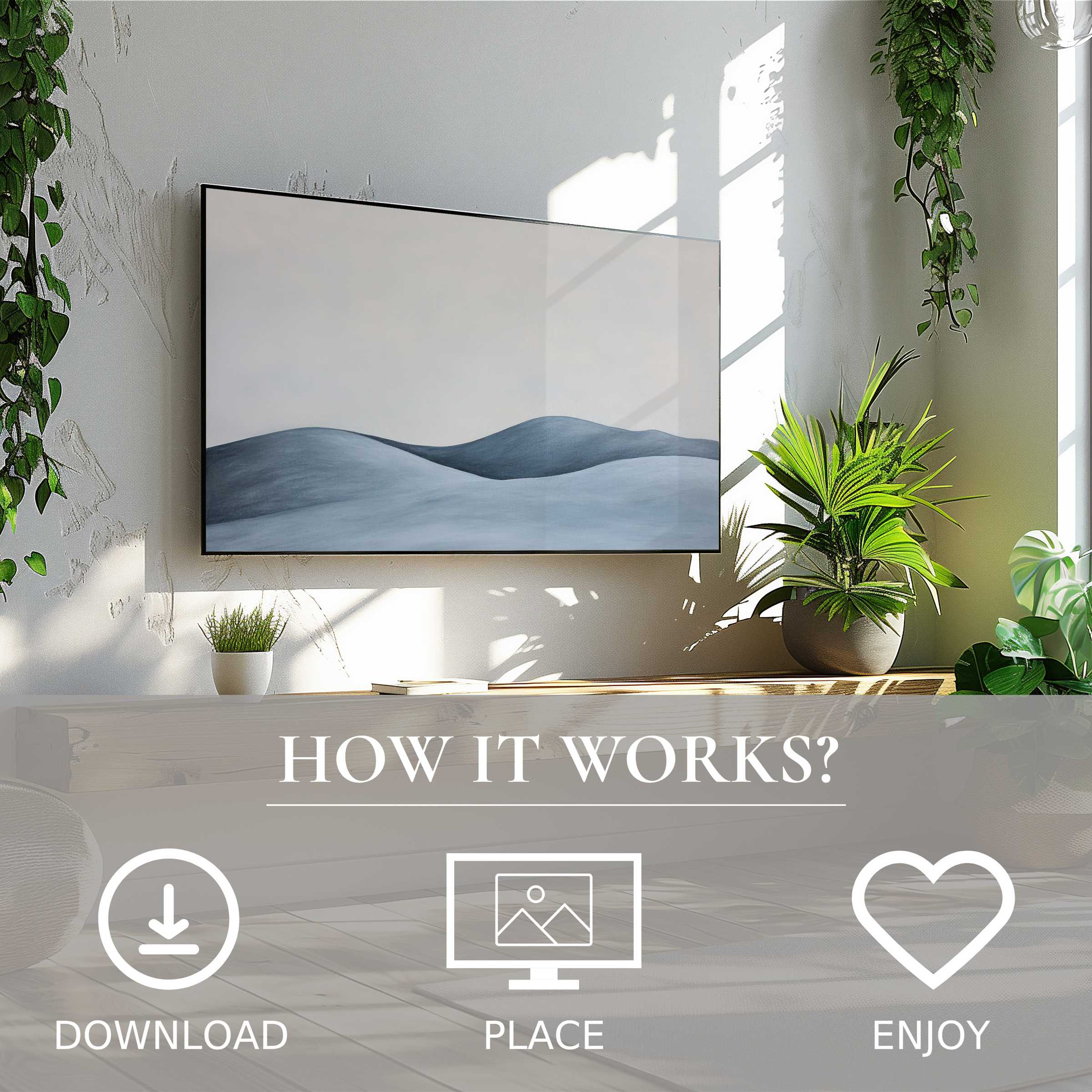 Minimalist art for Samsung TV shows soft blue waves; easy digital download enriches modern, plant-filled living spaces