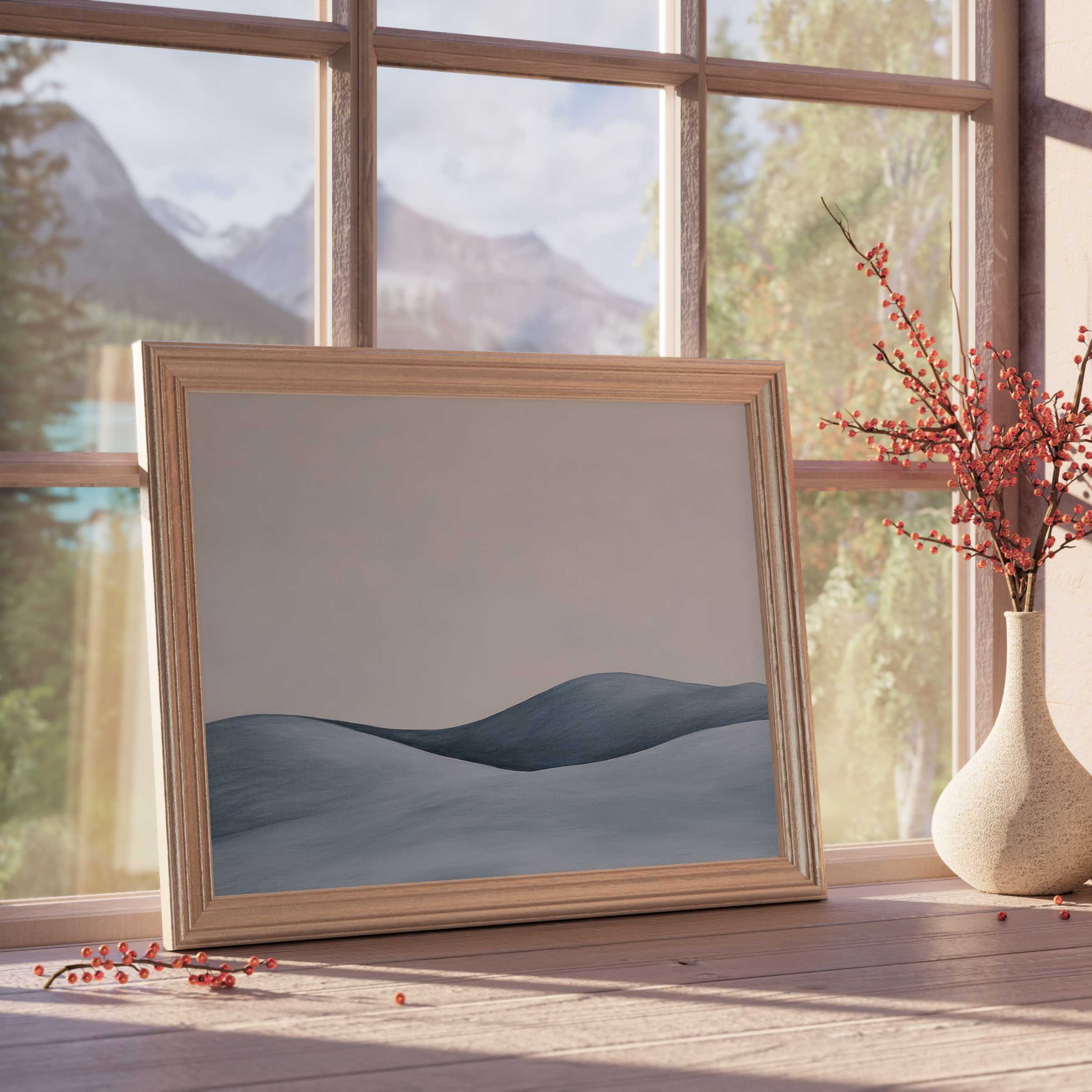 Minimalist downloadable art capturing serene blue dunes, elevating tranquil, curated interiors with sophisticated modern elegance