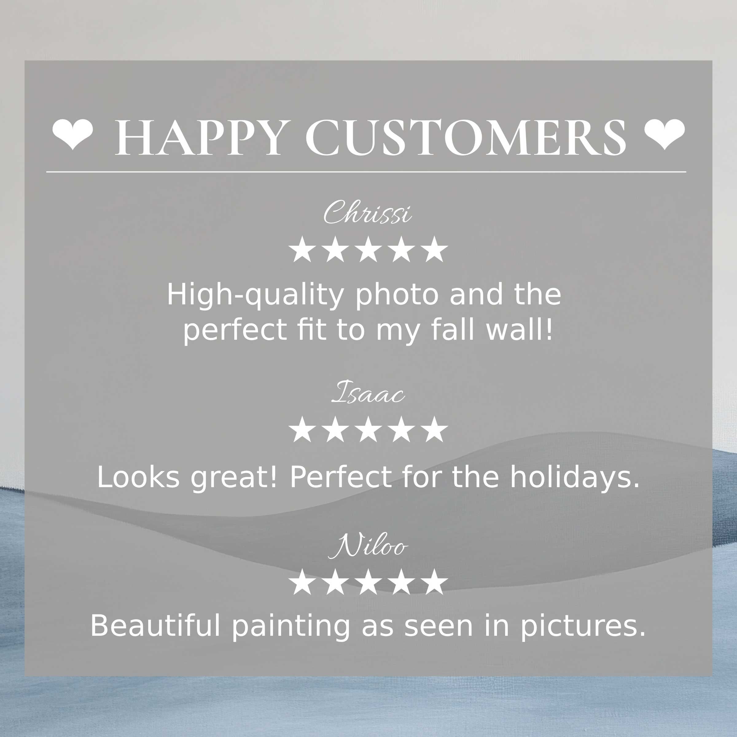 Happy customer reviews overlay abstract blue wave art, minimalist art for Frame TV, enhancing trust and elegance