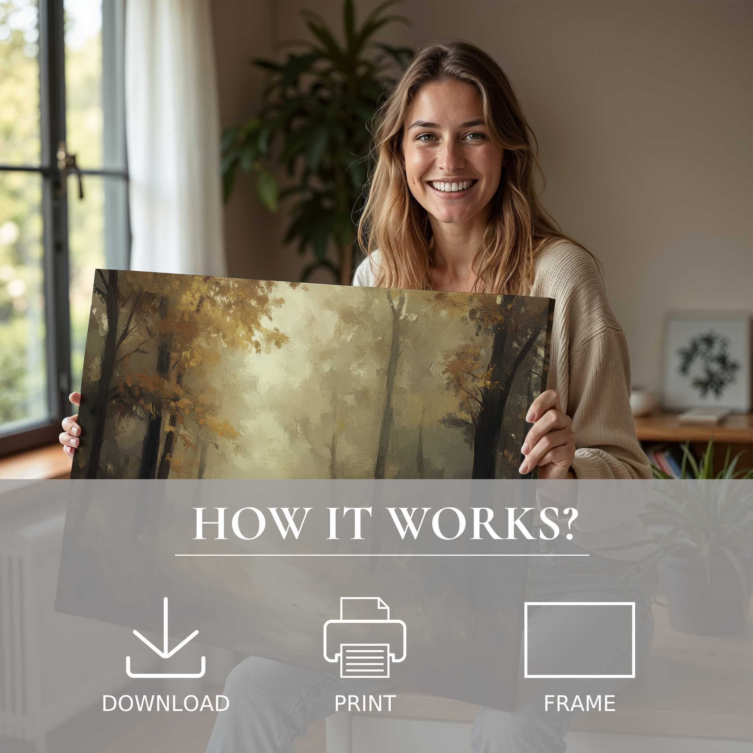 Radiant fall digital art print unveiling a tranquil woodland scene, blending effortless modern elegance with heartfelt joy at home