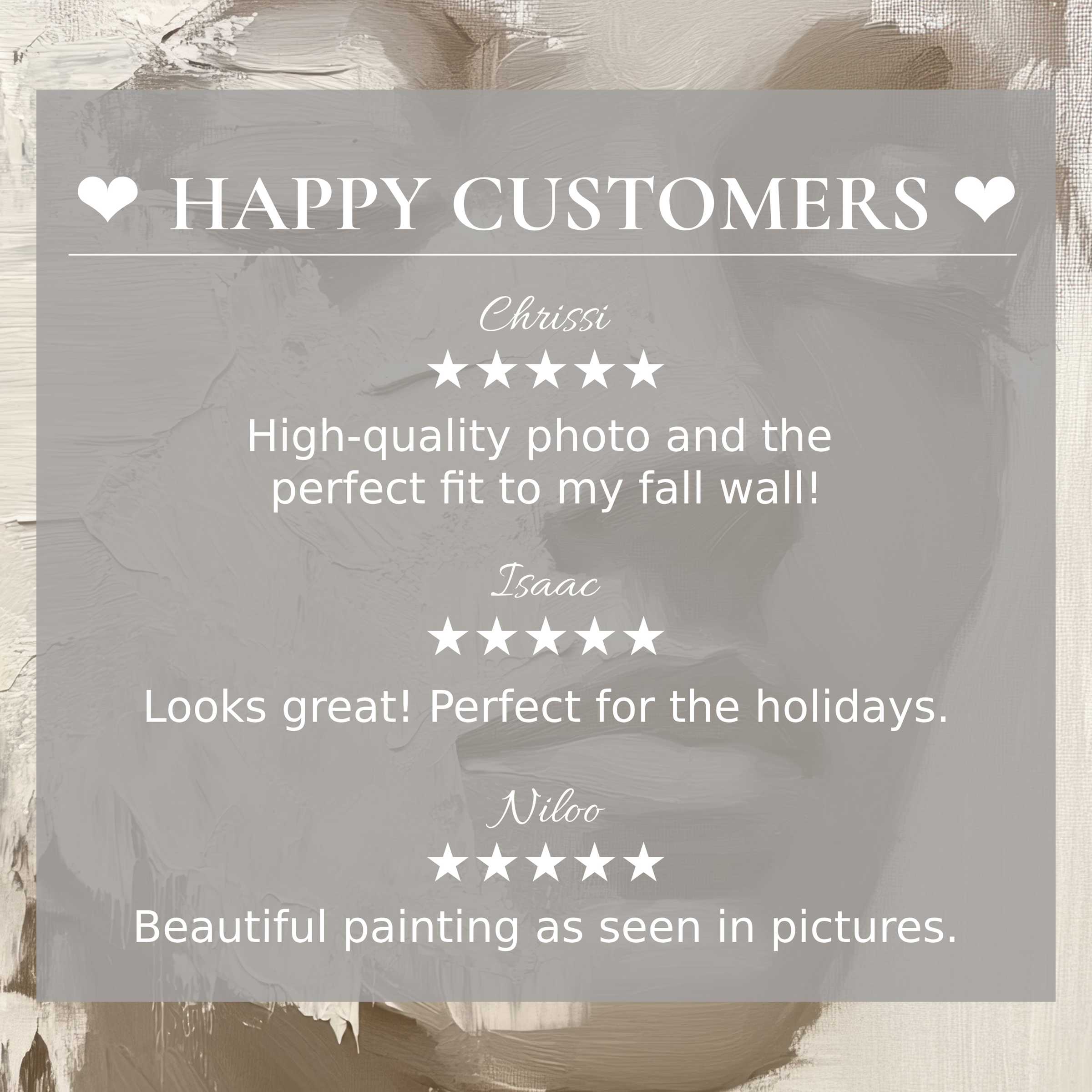 Neutral art for Frame TV with abstract beige brushstrokes and happy customer reviews, showcasing elegant style and trust