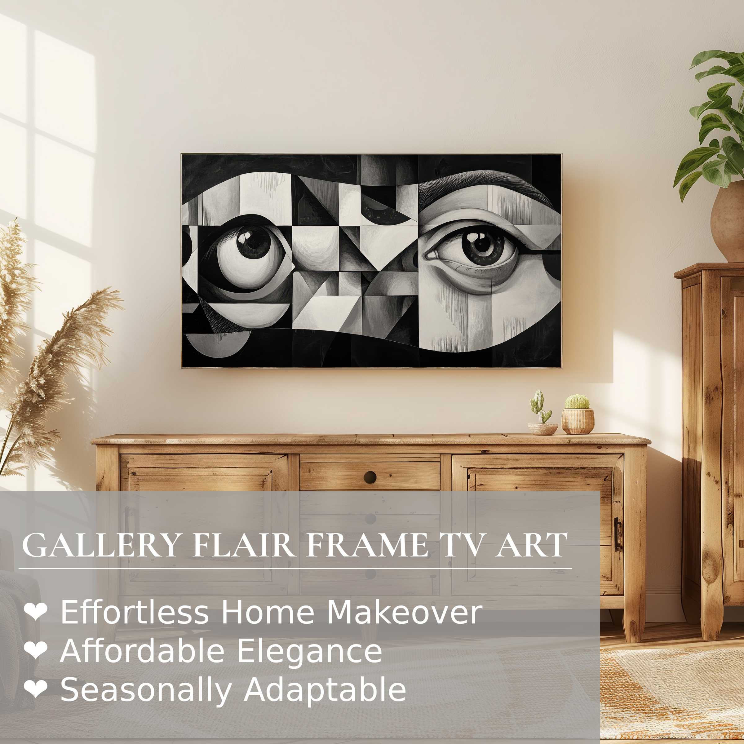Samsung Frame TV displaying black and white digital artwork with abstract eyes in a modern, warm living space
