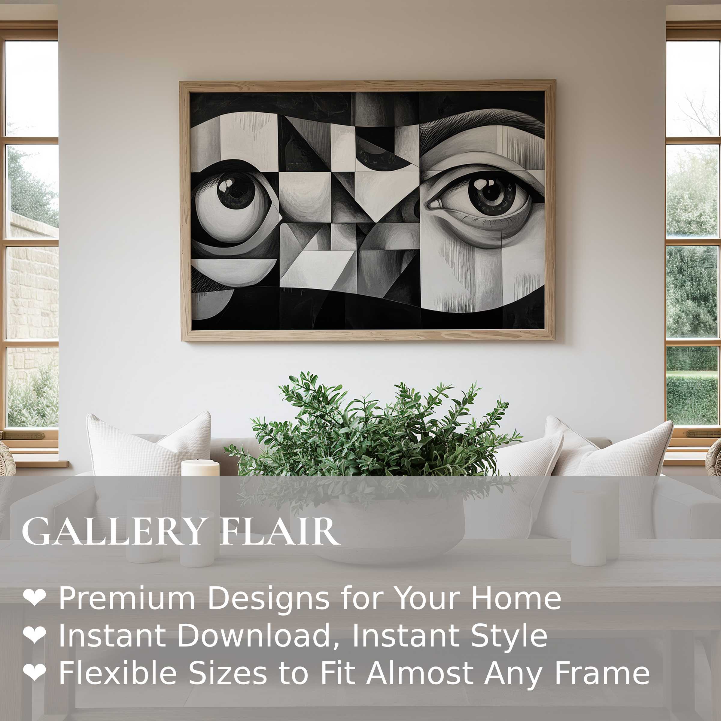 Black and white wall art print featuring bold, geometric eyes, enhancing this serene modern living room with striking, contemporary appeal