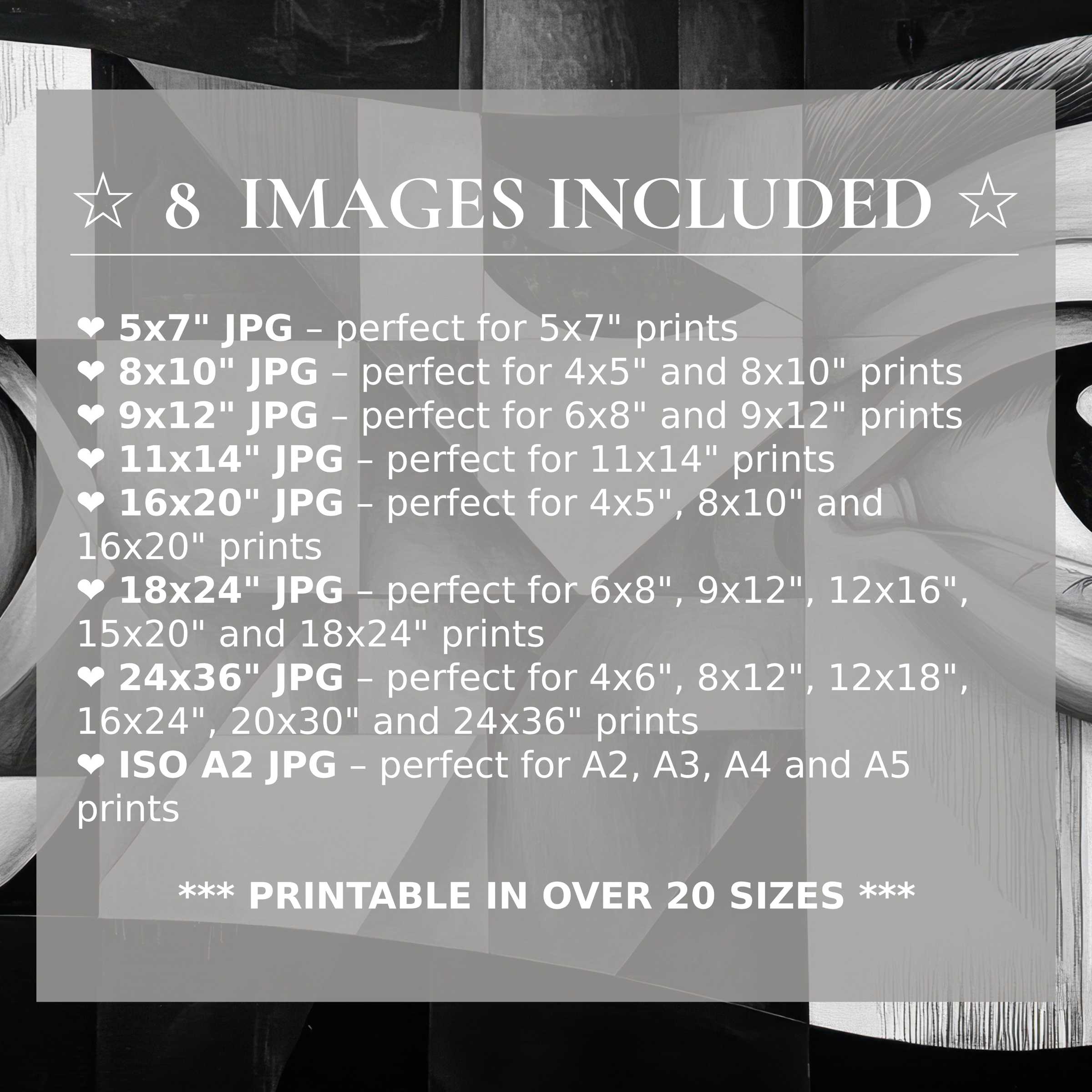 Black and white digital print radiates timeless elegance with bold contrasts and soothing grayscale tones, elevating modern interiors effortlessly Included download features 8 high-quality sizes for versatile, stylish home decor