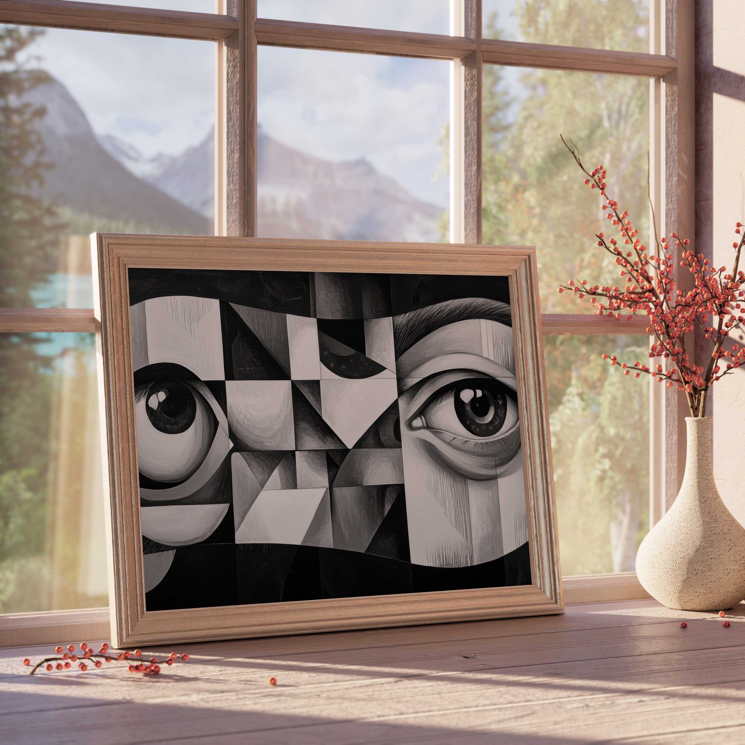 Black and white downloadable art featuring fragmented eyes in geometric abstraction, elevating curated interiors with bold, contemplative elegance