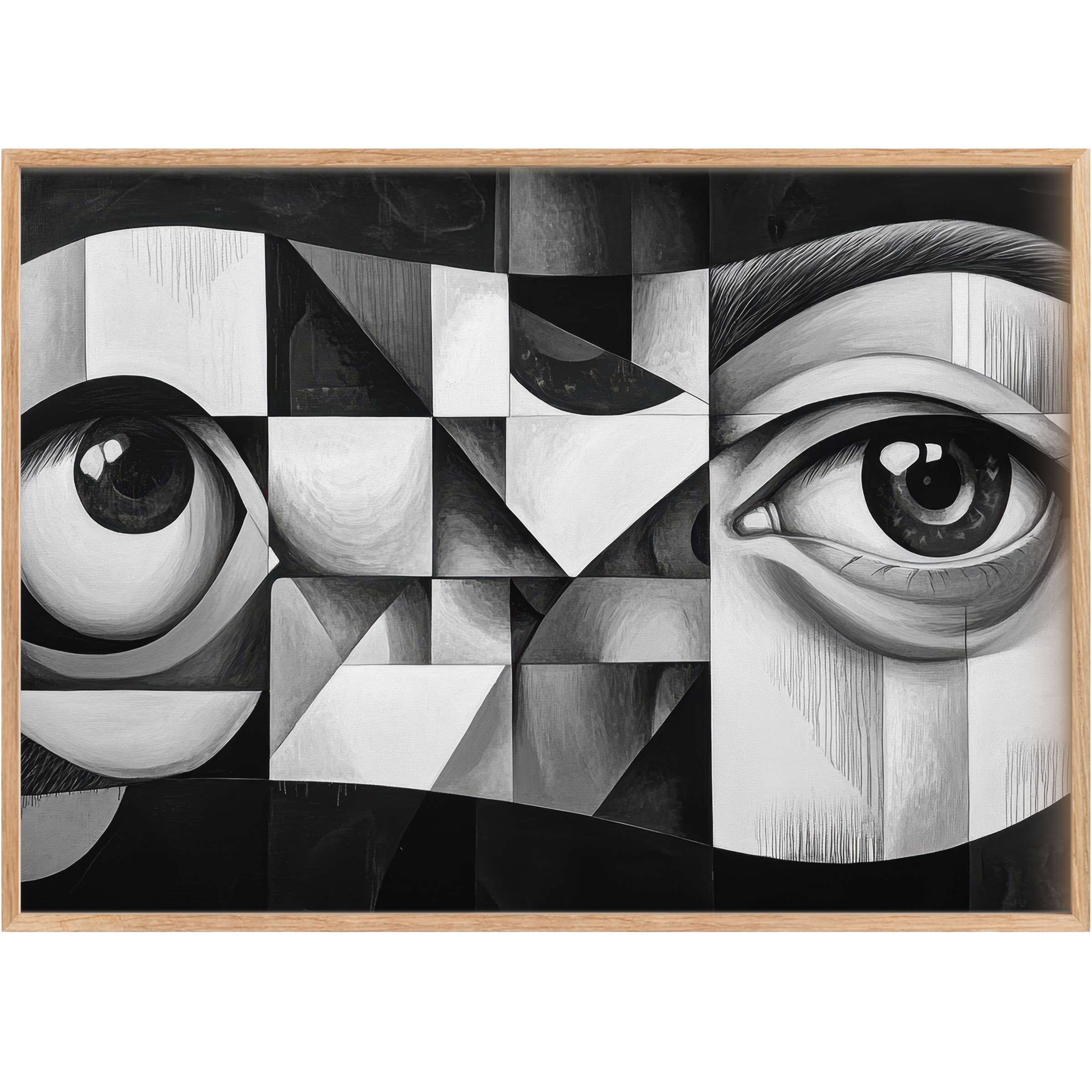 Striking black and white printable wall art blending geometric abstraction with intense gaze, adding bold, contemplative elegance