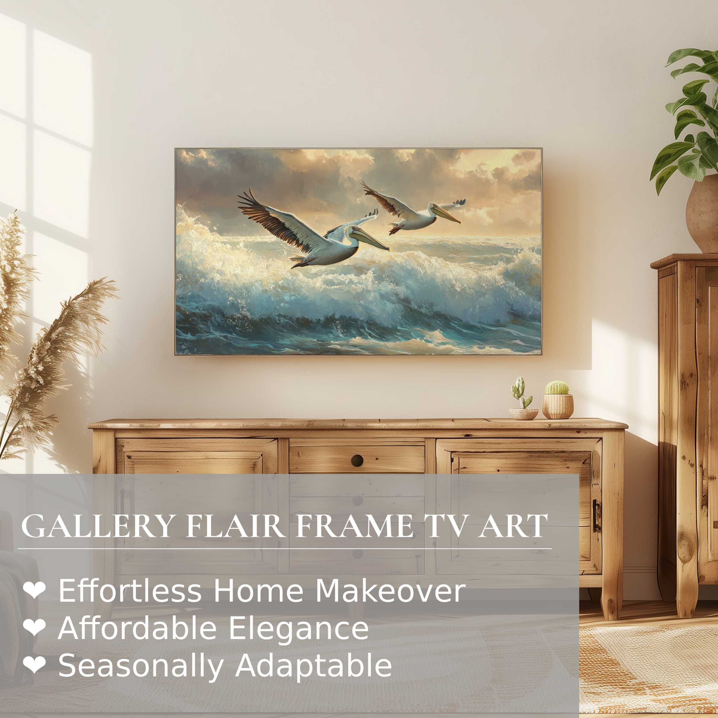 Samsung Frame TV in a serene coastal digital artwork of pelicans over waves, perfect for stylish, modern living spaces