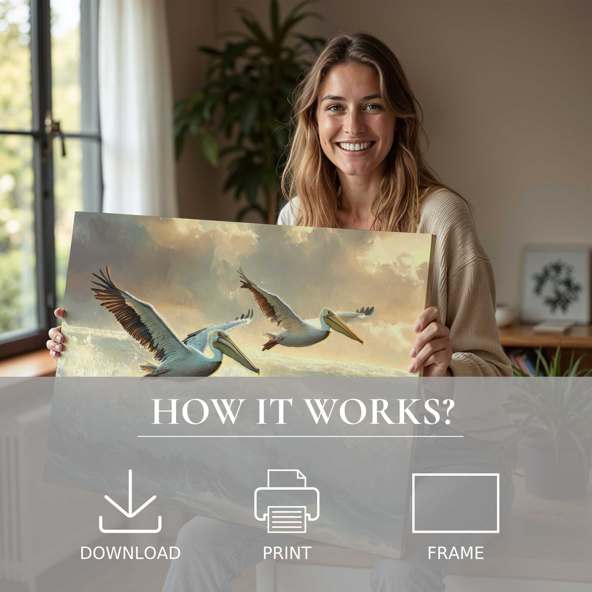 Radiant woman embraces a coastal digital art print of soaring pelicans, infusing serene modern spaces with joy and effortless elegance