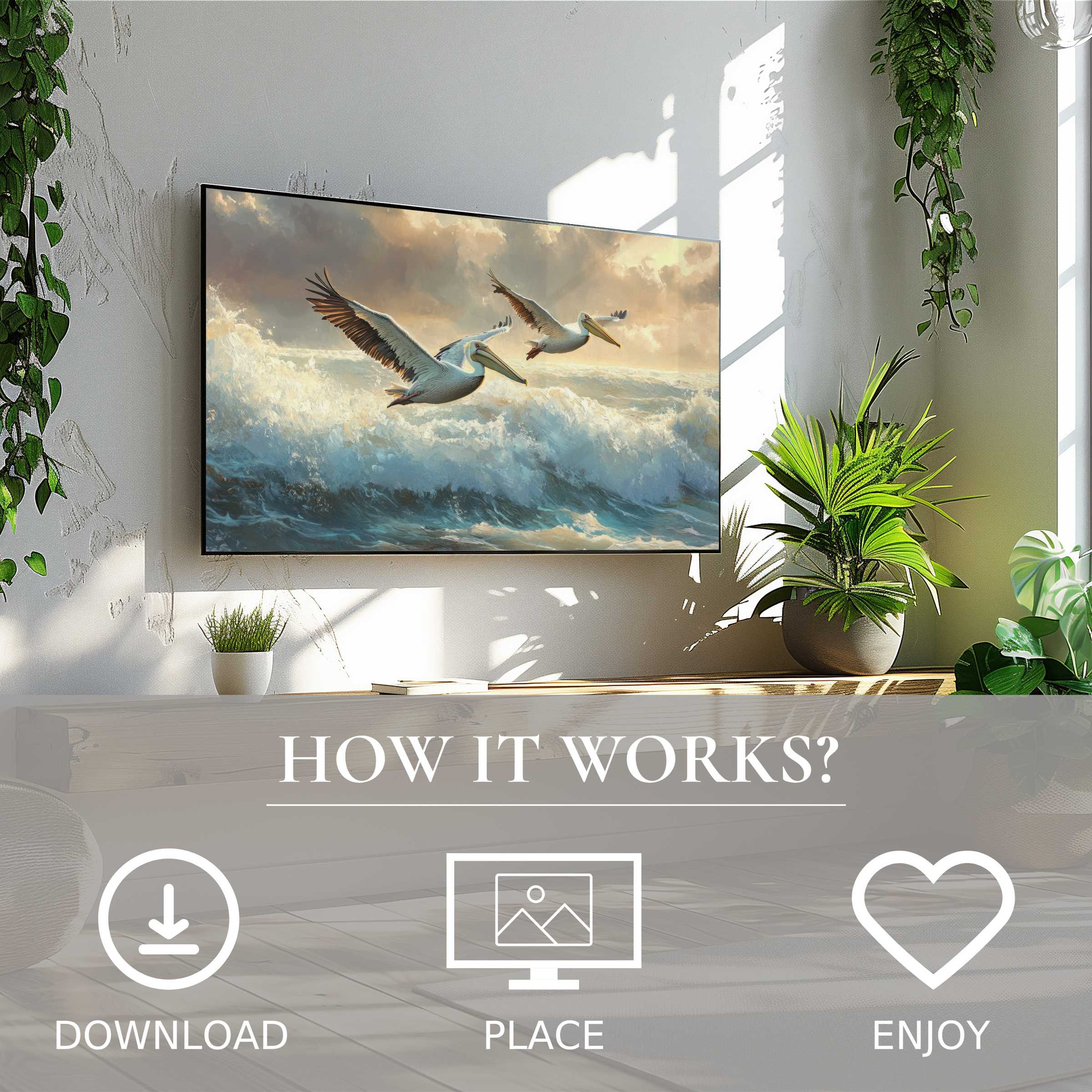 Coastal art for Samsung TV shows pelicans over waves in soft sunset tones, enriching spaces with easy digital download