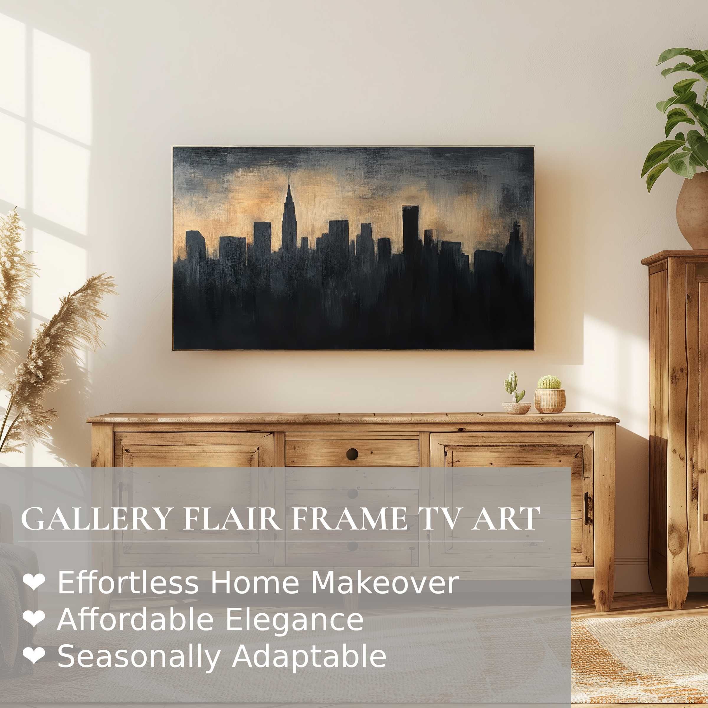 Samsung Frame TV displaying elegant urban digital artwork of a moody city skyline in a refined modern setting